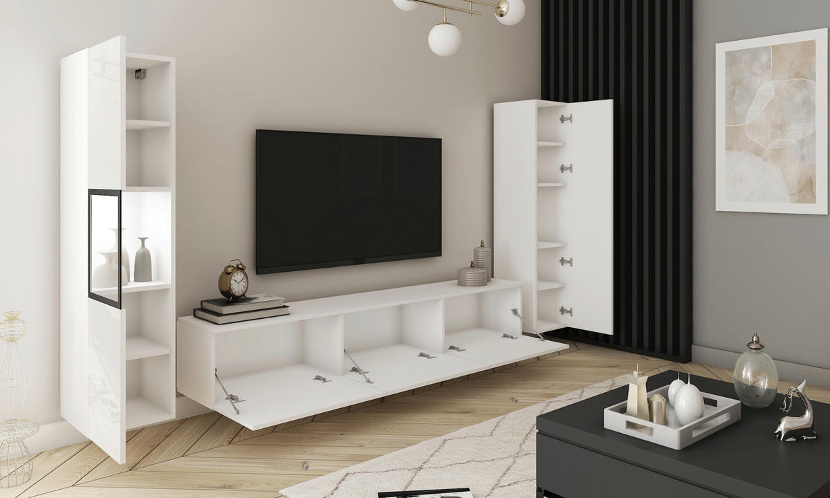 HYLLKOMBINATION 3 delar  i vit, vit högglans  240/130/31 cm  - vit/vit högglans, Design, trämaterial/glas (240/130/31cm) - MID.YOU