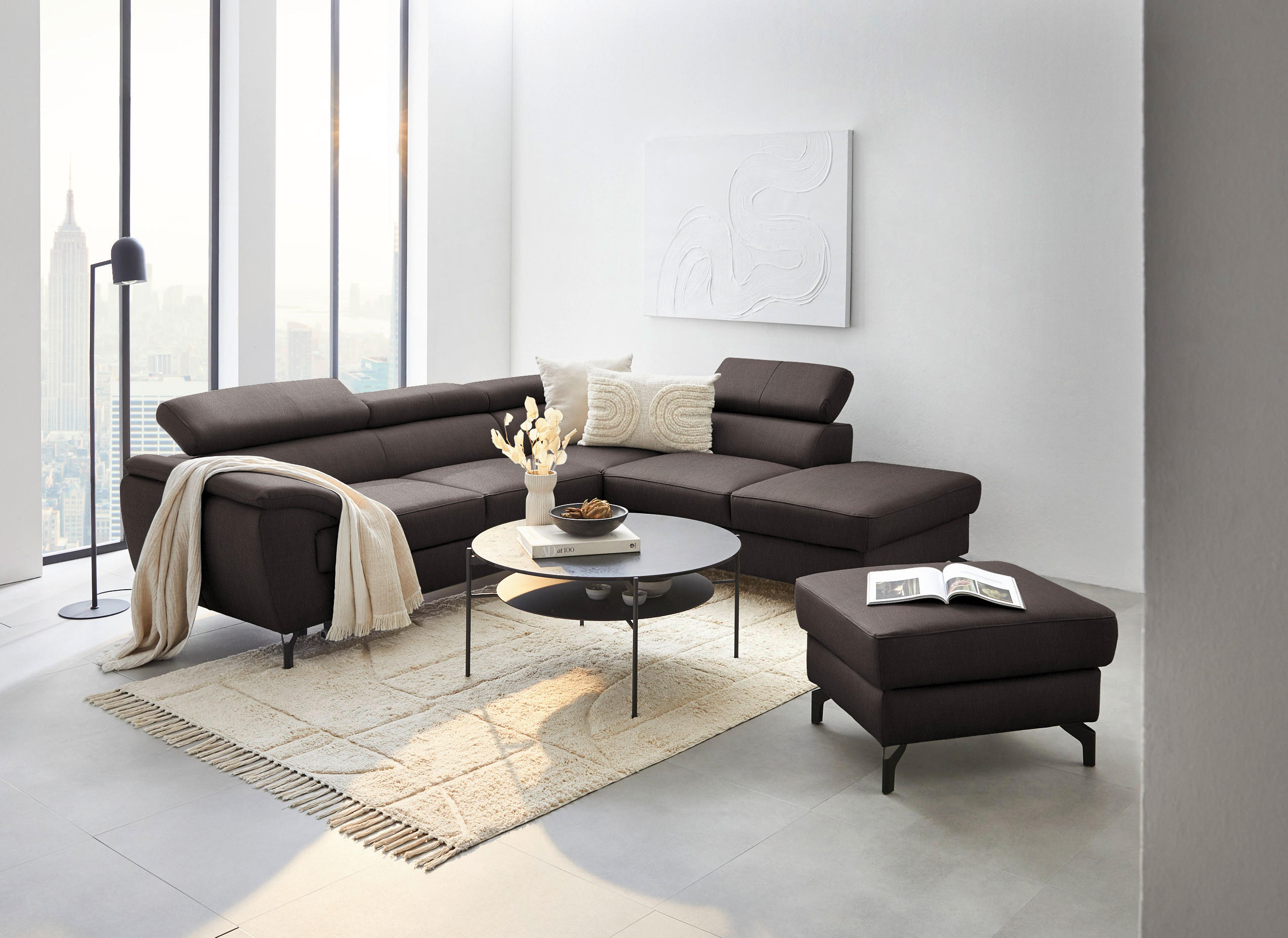 ECKSOFA in Echtleder Dunkelbraun  - Dunkelbraun/Schwarz, Design, Leder/Metall (256/220cm) - Celina Home