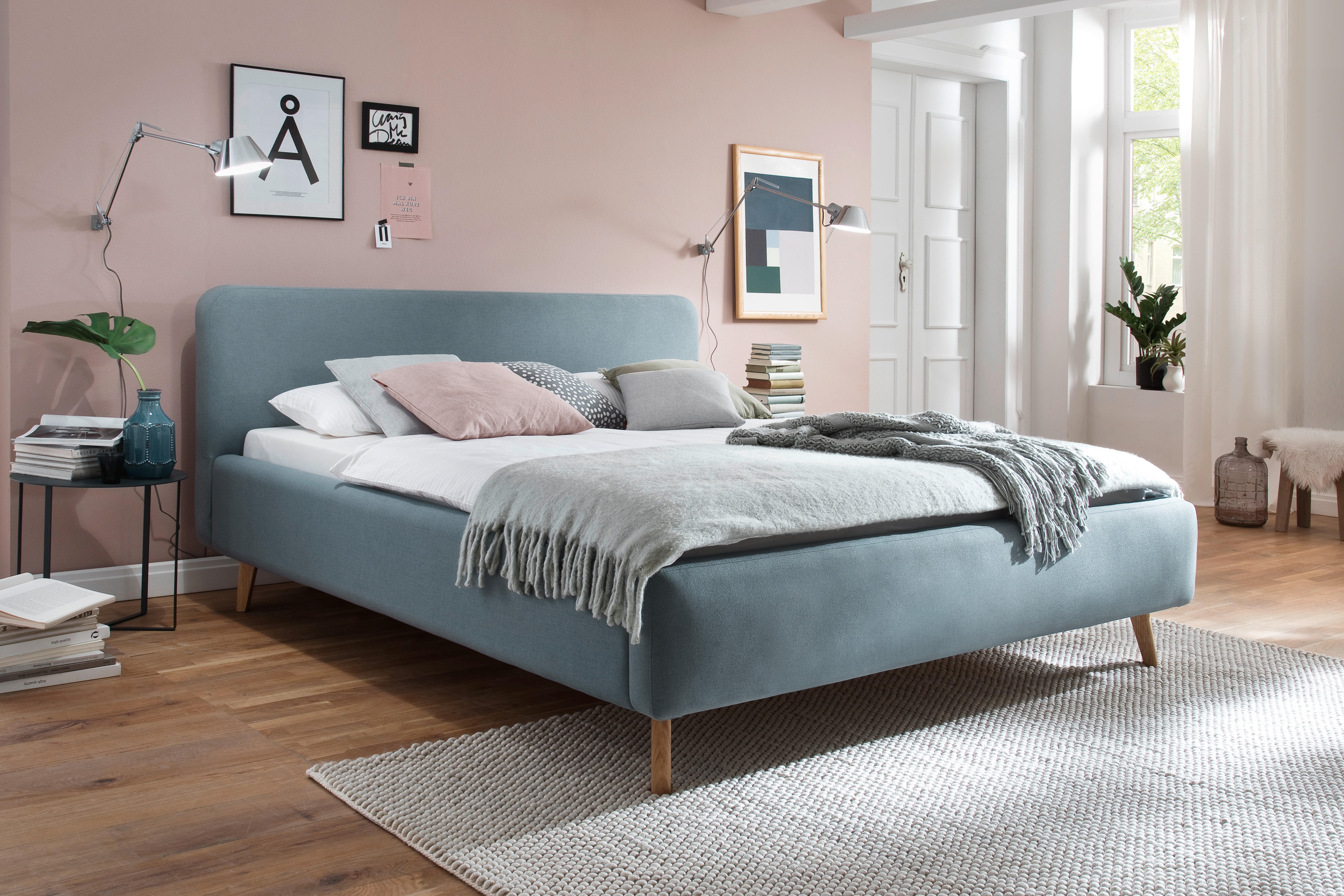 POLSTERBETT MATTIS 160/200 cm  in Hellblau  - Eichefarben/Hellblau, Design, Holz/Textil (160/200cm) - Livetastic