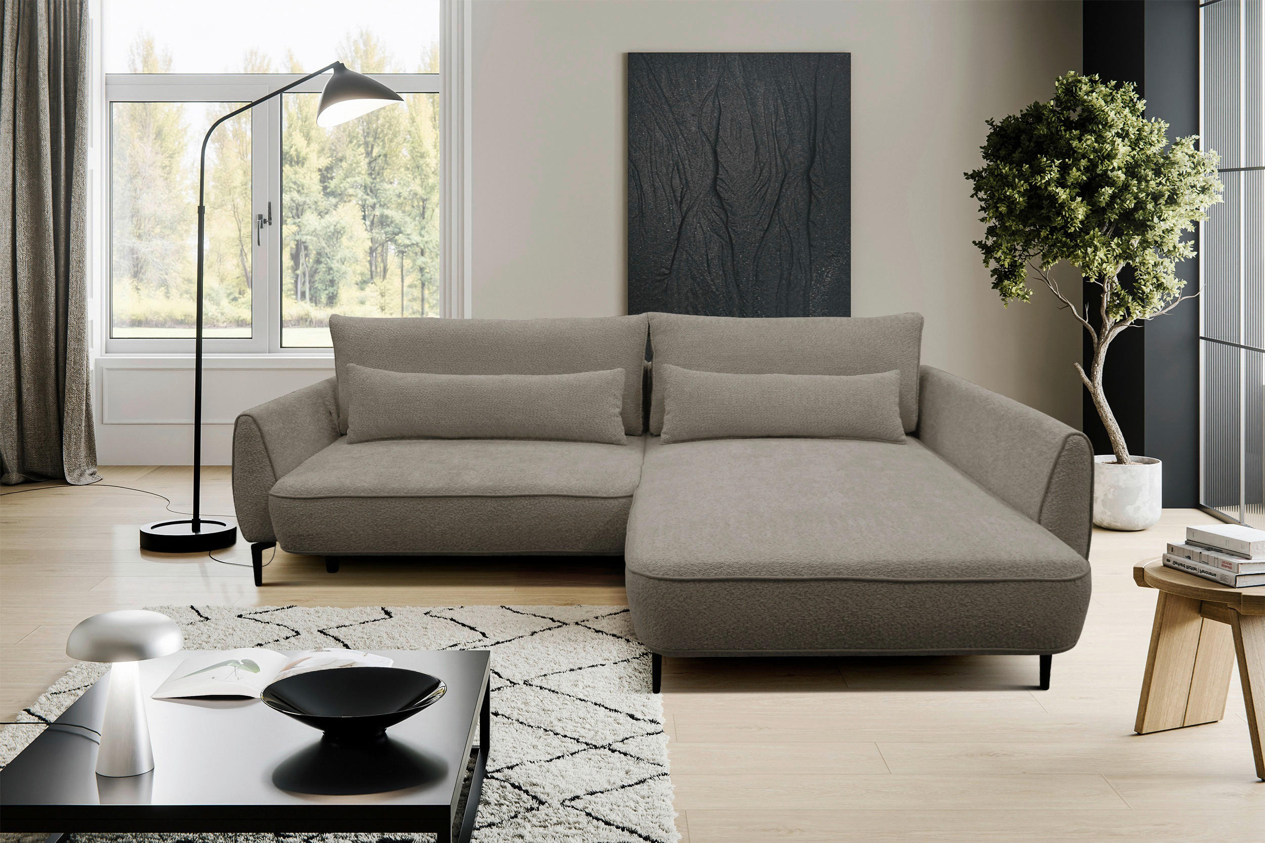 ECKSOFA Beige Bouclé  - Beige/Schwarz, Design, Textil/Metall (273/204cm) - MID.YOU