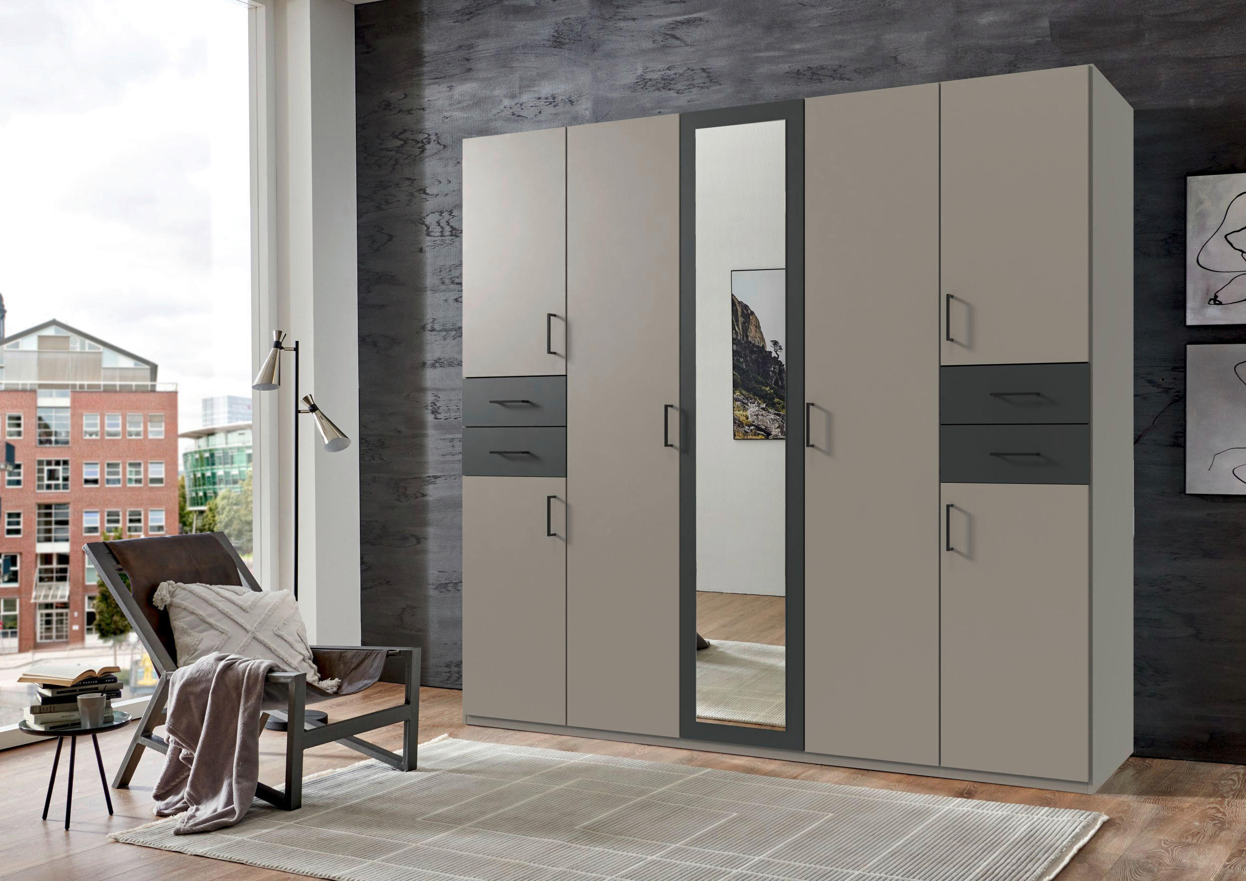 DREHTÜRENSCHRANK 225/208/58 cm 7-türig Graphitfarben, Grau, Sahara  - Schwarz/Graphitfarben, Basics, Glas/Holzwerkstoff (225/208/58cm) - MID.YOU