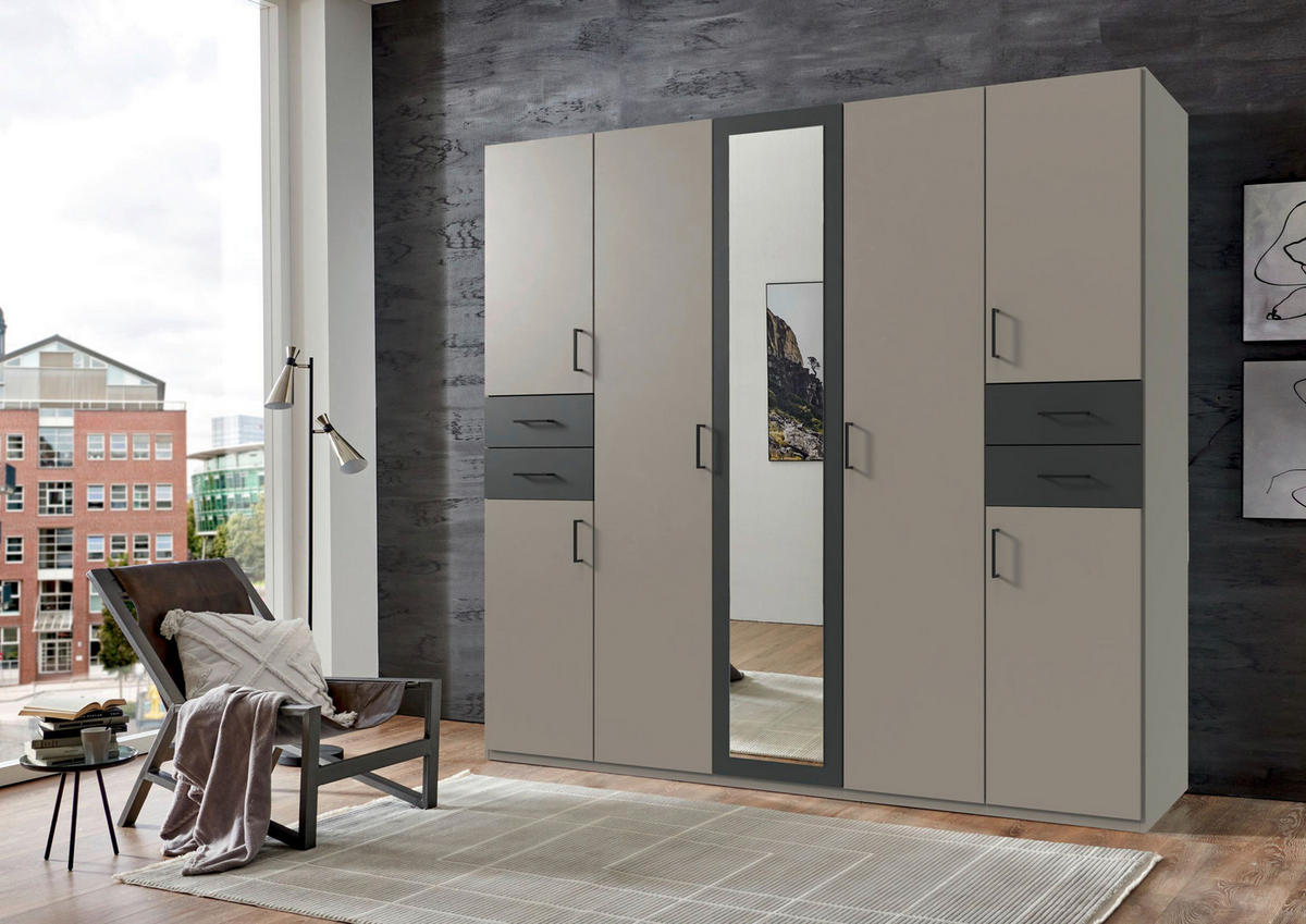 DREHTÜRENSCHRANK 225/208/58 cm 7-türig Graphitfarben, Grau, Sahara  - Schwarz/Graphitfarben, Basics, Glas/Holzwerkstoff (225/208/58cm) - MID.YOU
