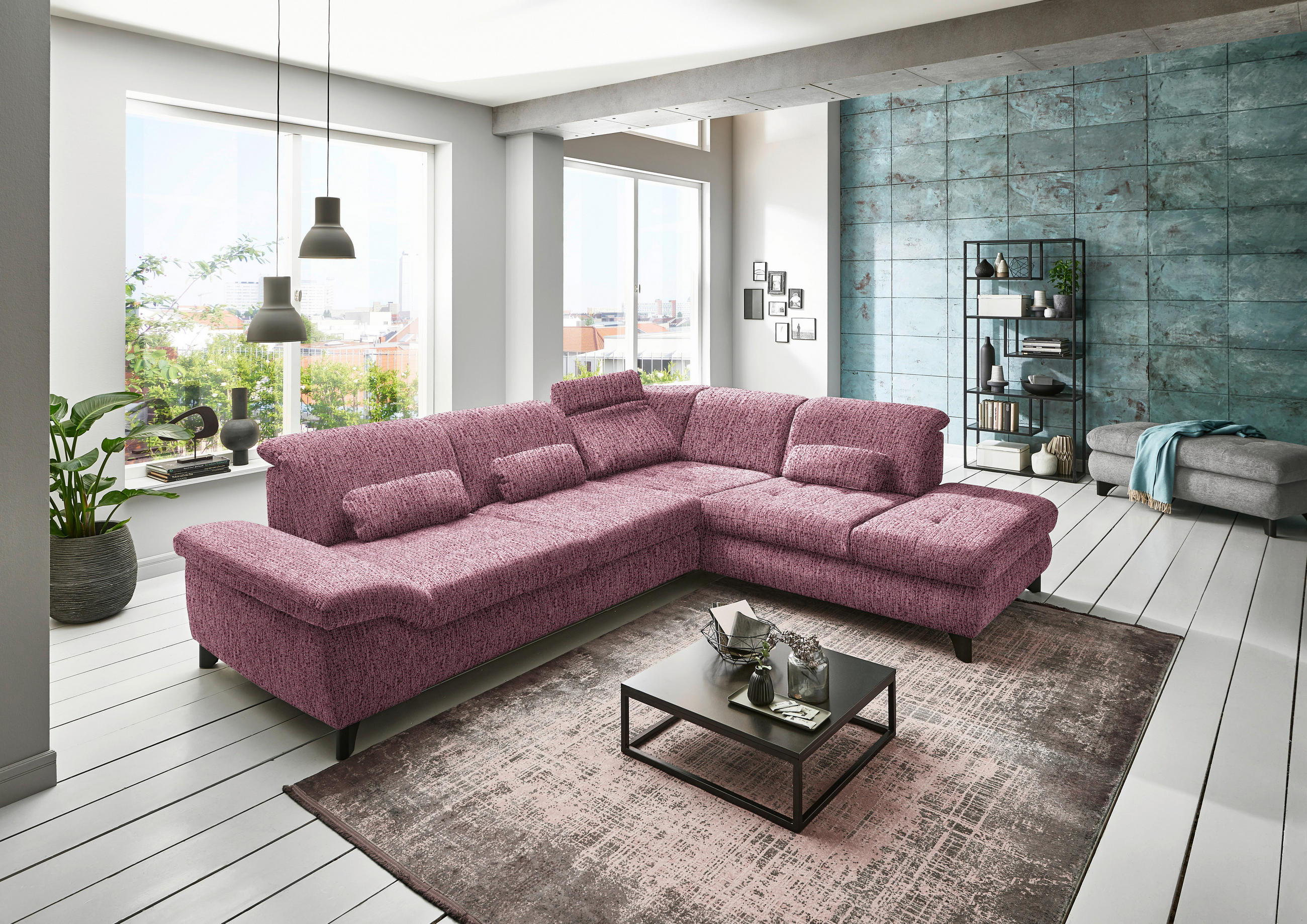 ECKSOFA in Webstoff Rot  - Chromfarben/Rot, Design, Textil/Metall (319/260cm) - Beldomo Style