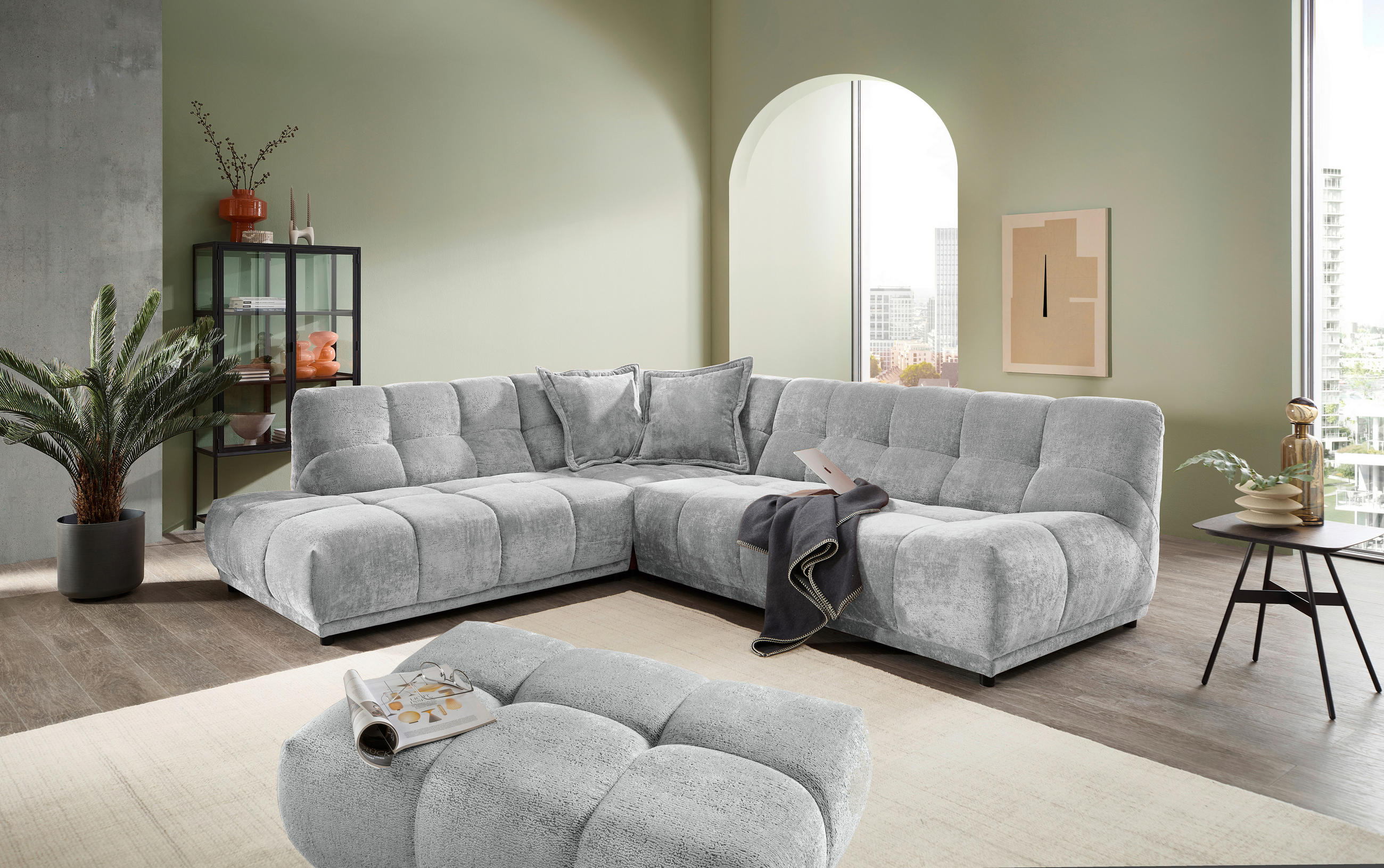 ECKSOFA ITALIA Hellblau Chenille Hocker  - Schwarz/Hellblau, MODERN, Kunststoff/Textil (250/284cm) - Livetastic