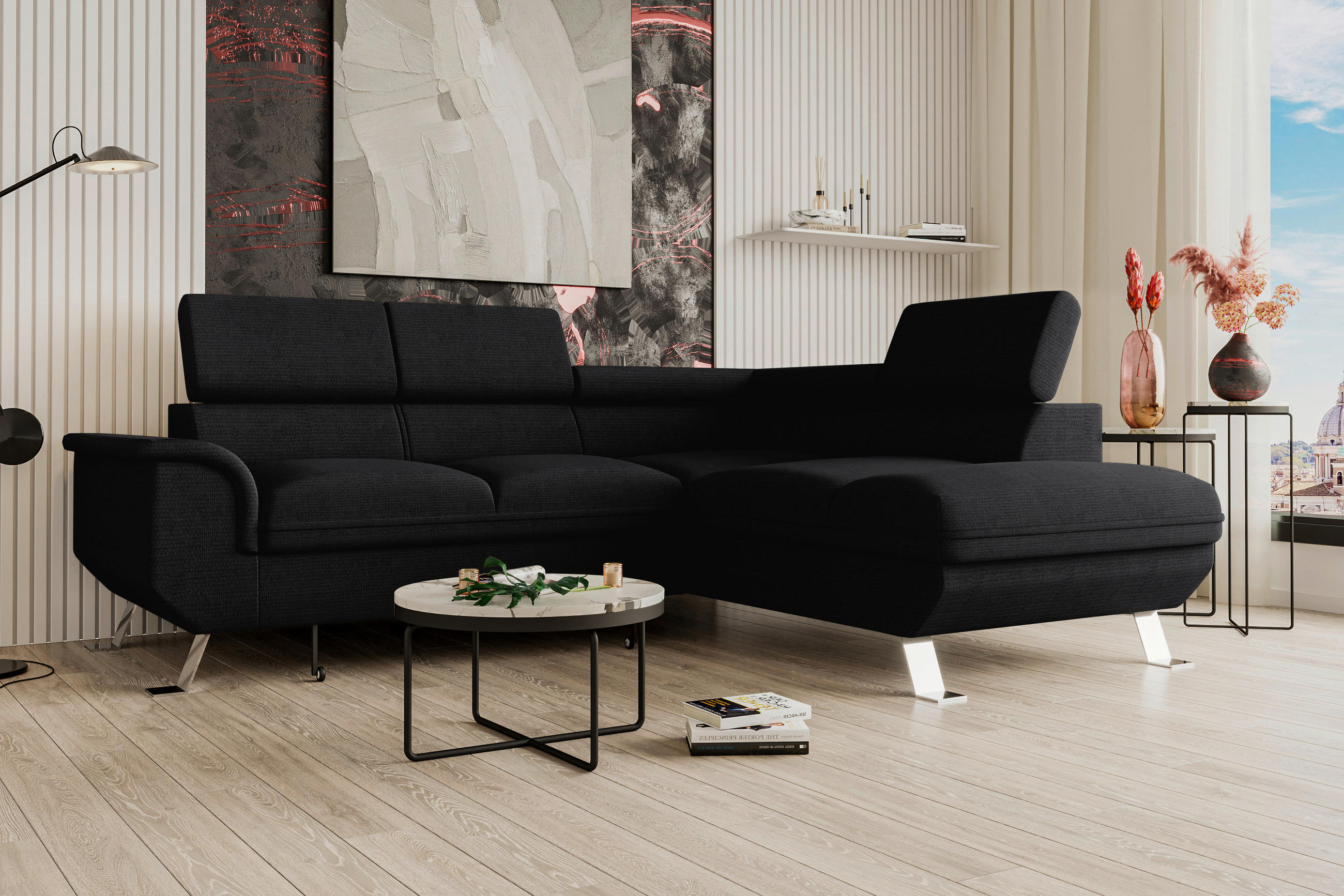 ECKSOFA Schwarz Struktur  - Silberfarben/Schwarz, KONVENTIONELL, Textil/Metall (268/207cm) - Carryhome