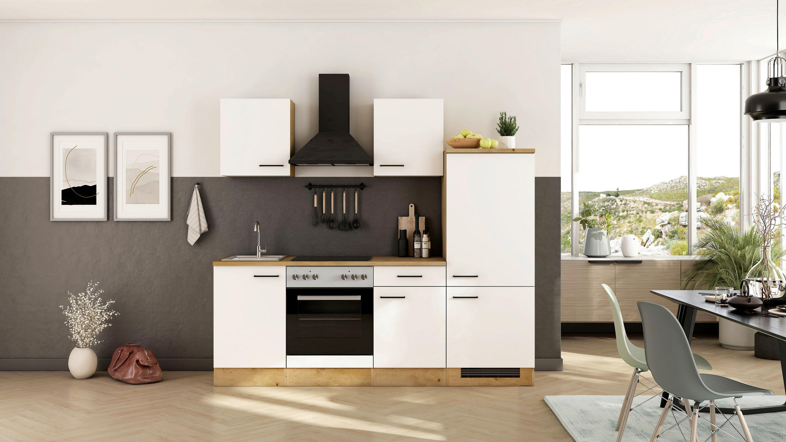 KÜCHENBLOCK 220 cm  in Eichefarben, Magnolie  - Eichefarben/Magnolie, Trend, Holzwerkstoff/Metall (220cm) - FlexWell