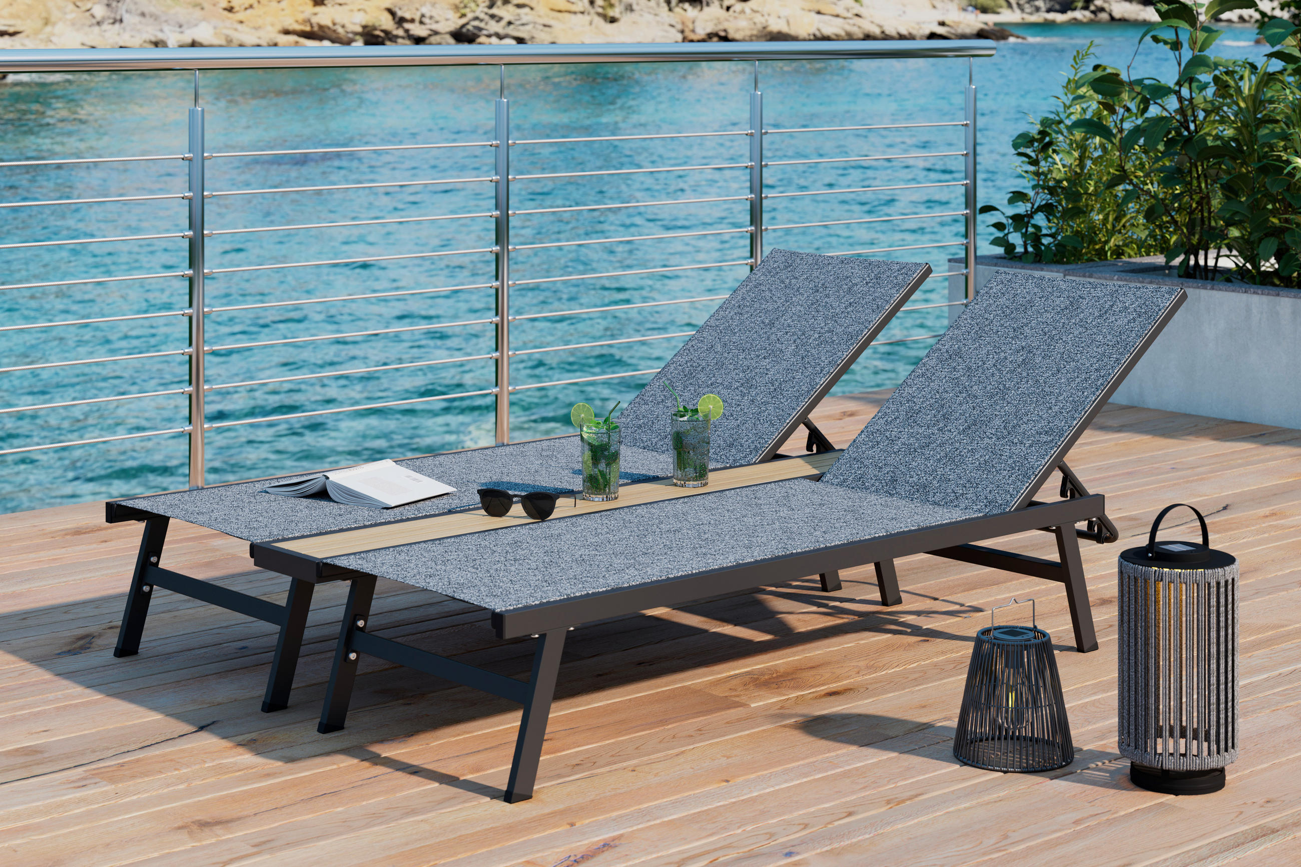 SONNENLIEGE 126/94/195 cm  - Dunkelgrau/Naturfarben, MODERN, Kunststoff/Textil (126/94/195cm) - Ambia Garden