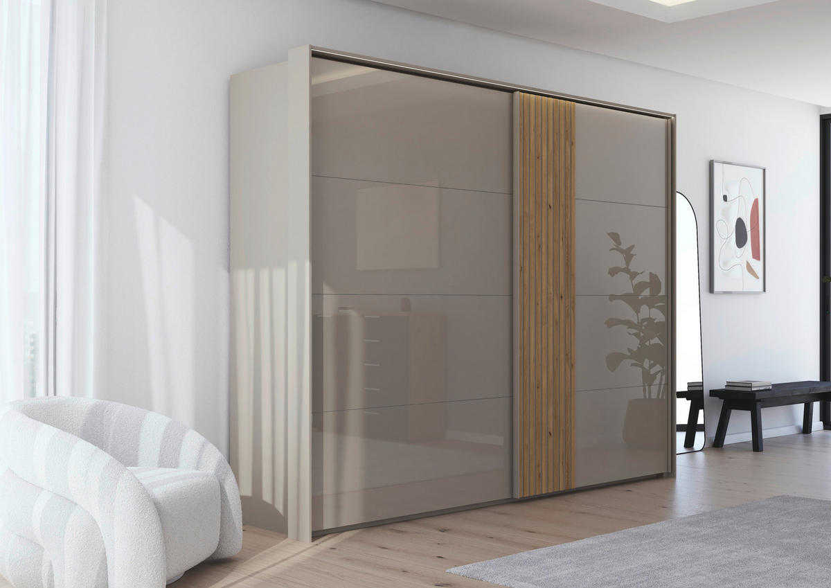 SCHWEBETÜRENSCHRANK  in Eichefarben, Fango  - Fango/Eichefarben, Design, Glas/Holzwerkstoff (262/223/68cm) - Novel