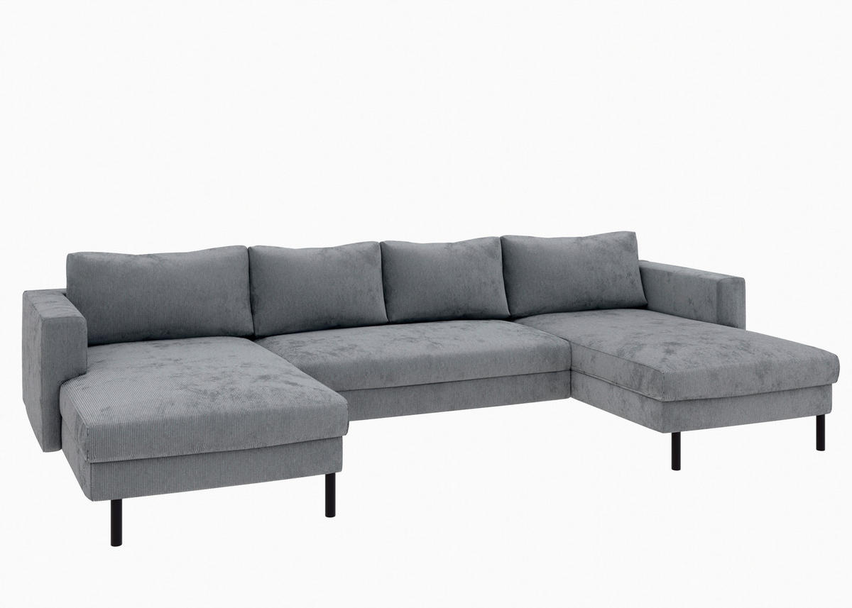 WOHNLANDSCHAFT Dunkelgrau Cord  - Dunkelgrau/Schwarz, MODERN, Textil/Metall (161/306/161cm) - Trendmanufaktur