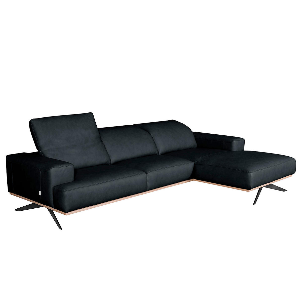 ECKSOFA  in Echtleder Blau Rücken echt, Kopfteilverstellung  295/187 cm  - Blau/Schwarz, Design, Leder/Metall (295/187cm) - Livetastic