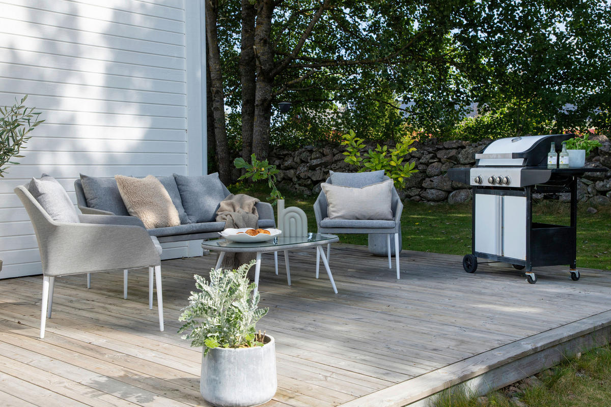 LOUNGEGARNITUR Aluminium  - Weiß/Grau, KONVENTIONELL, Glas/Textil - Gardenson