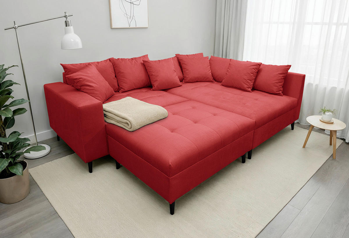 Ecksofa inkl. Hocker Mikrofaser Rot  - Rot/Schwarz, Design, Holz/Textil (247/174cm) - MID.YOU
