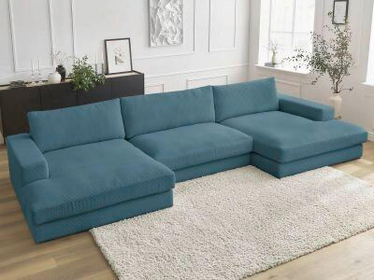 WOHNLANDSCHAFT LEONARD Hellblau Cord  - Schwarz/Hellblau, MODERN, Kunststoff/Textil (159/404/159cm)