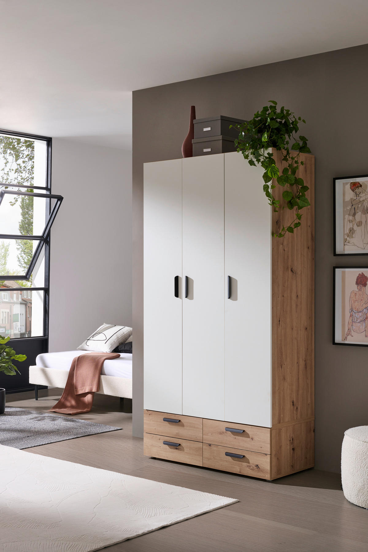 DREHTÜRENSCHRANK  in Weiß, Eiche Artisan  - Schwarz/Weiß, MODERN, Holzwerkstoff/Kunststoff (111/179/52cm) - Carryhome