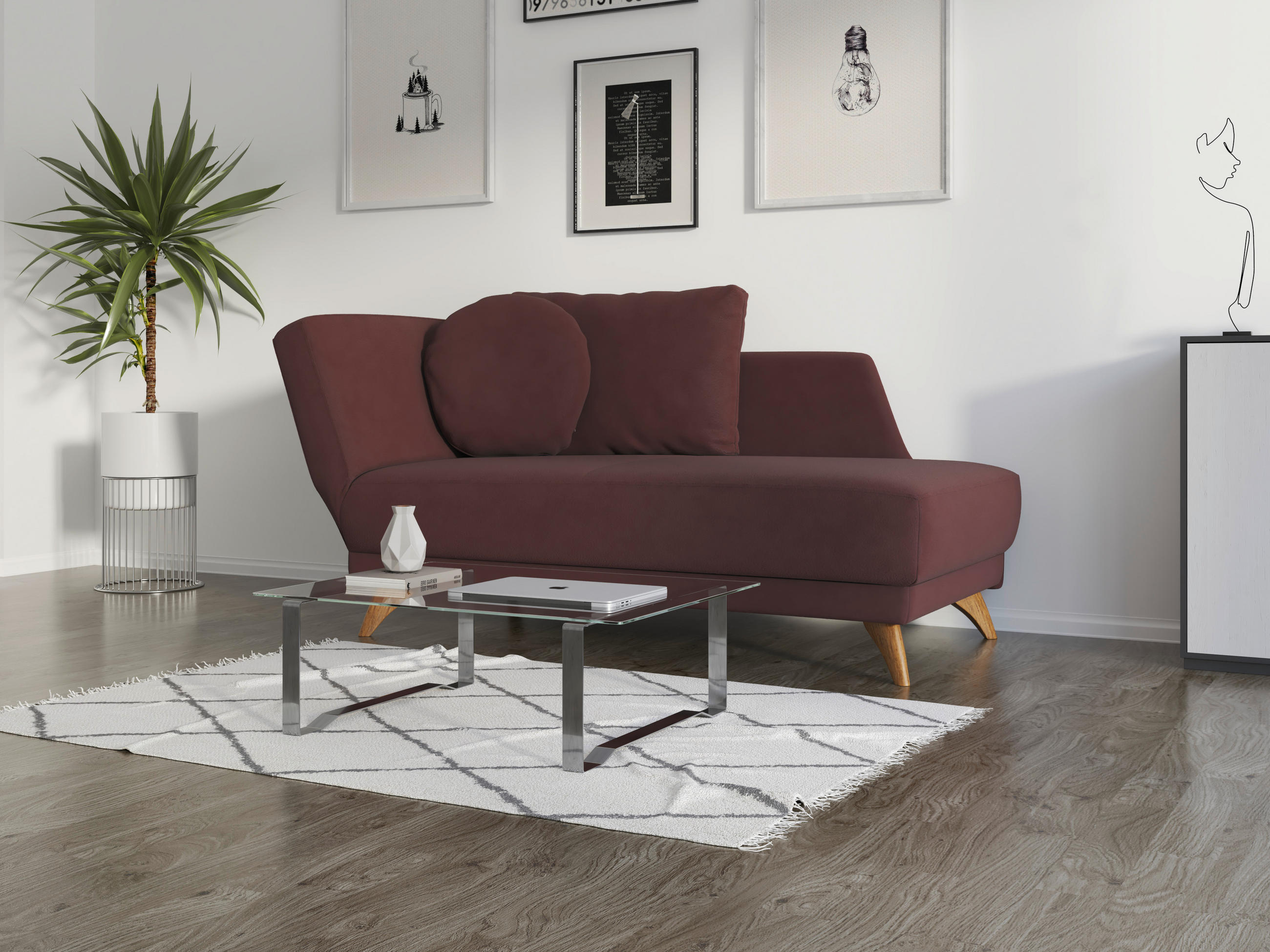 RÉCAMIERE in Flachgewebe Weinrot  - Eichefarben/Weinrot, Modern, Holz/Textil (205/74/94cm) - Bali