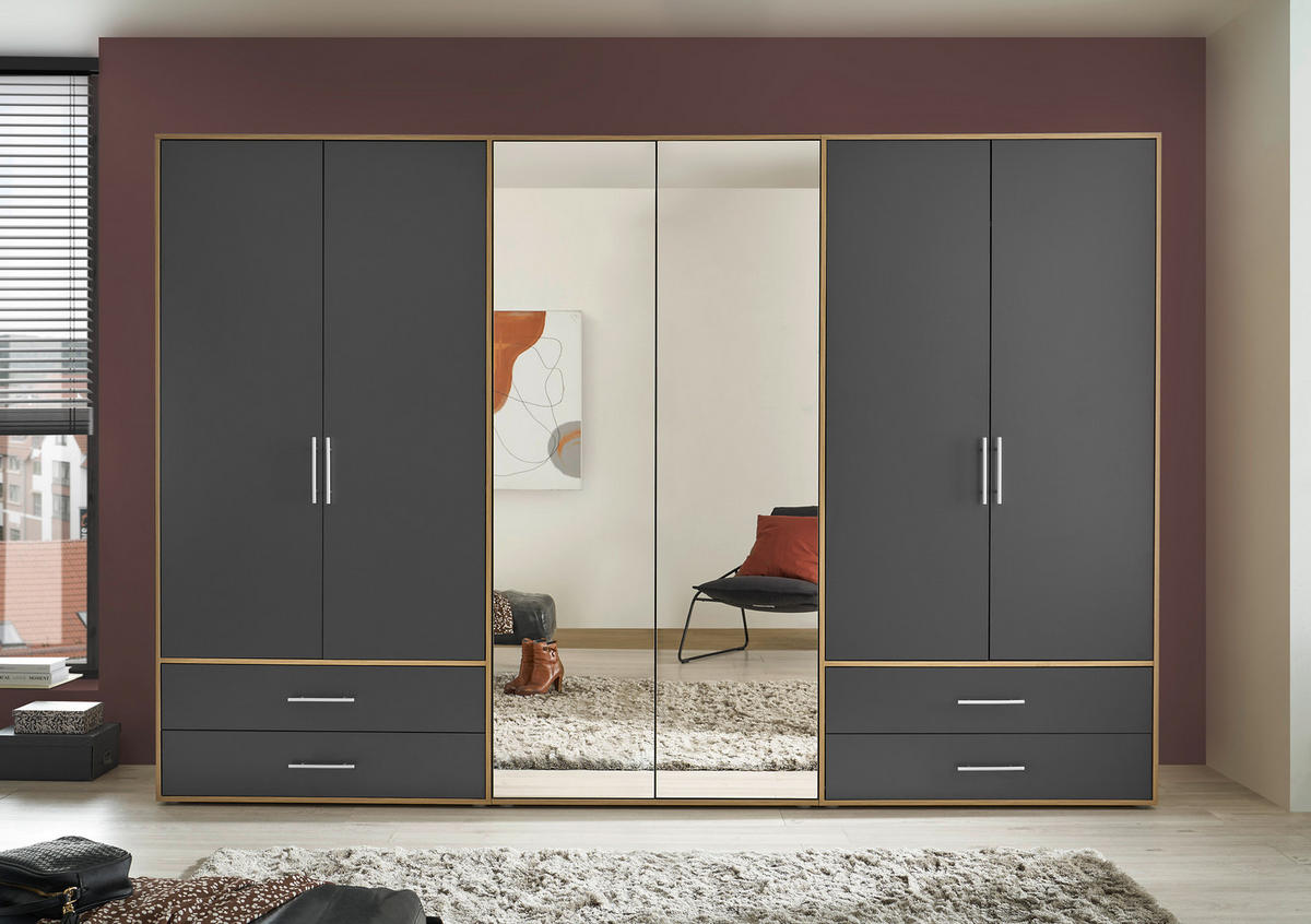 KLEIDERSCHRANK 305/207/58 cm,  in Graphitfarben, Eiche Artisan, 6-türig  - Alufarben/Graphitfarben, KONVENTIONELL, Glas/Holzwerkstoff (305/207/58cm) - Boxxx