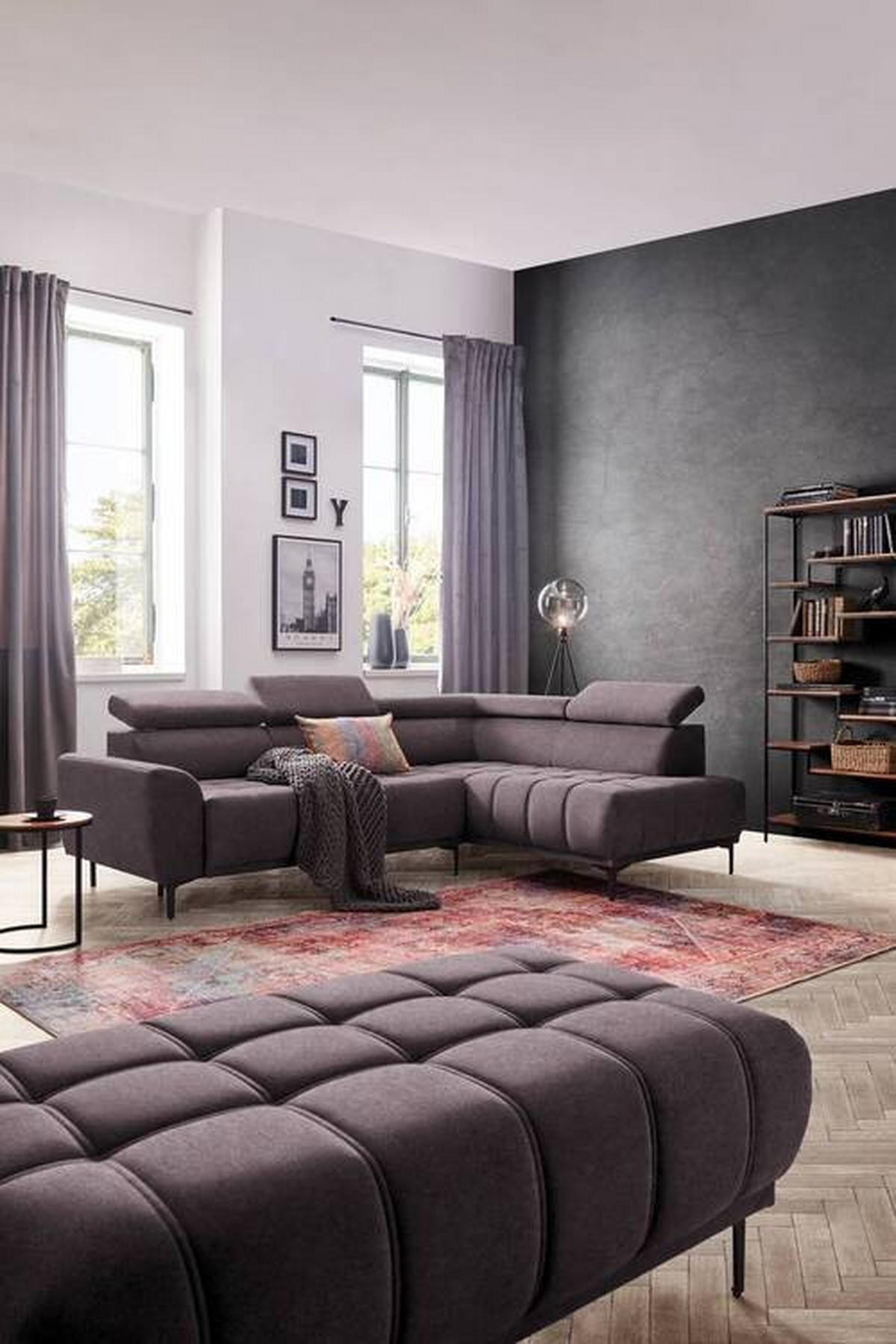ECKSOFA in Velours Dunkelbraun  - Dunkelbraun/Schwarz, Design, Textil/Metall (261/191cm) - Stylife