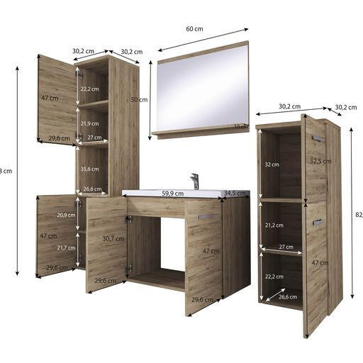 Thumbnail - P & B Badezimmer, Eiche dunkel, Metall, 5-teilig, 2 Fächer, 5 Schublade(n) Schubladen, 120 cm, Fsc, hängend, Spiegel mit...