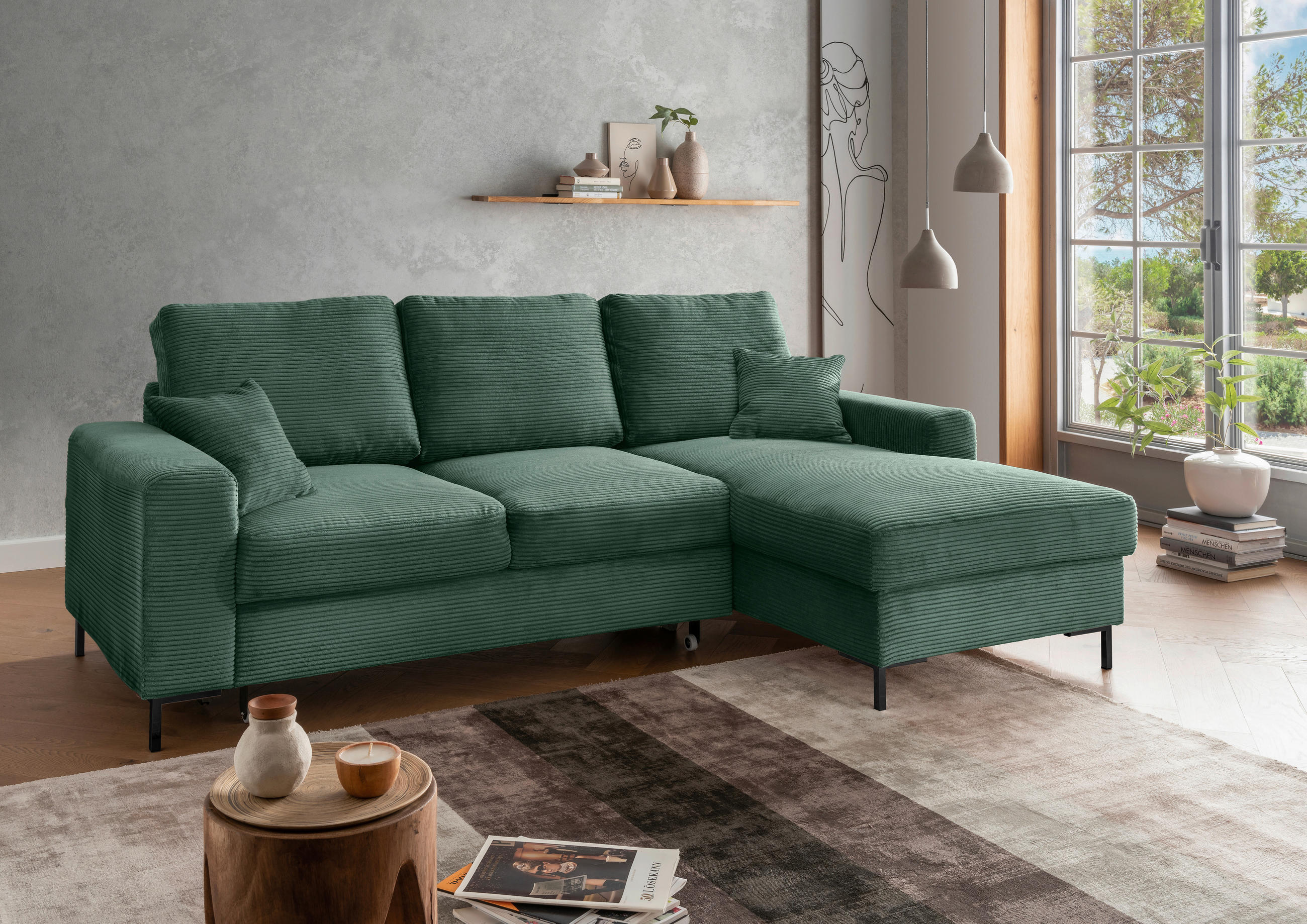 ECKSCHLAFSOFA in Cord Dunkelgrün  - Dunkelgrün/Schwarz, KONVENTIONELL, Textil/Metall (237/143cm) - Livetastic
