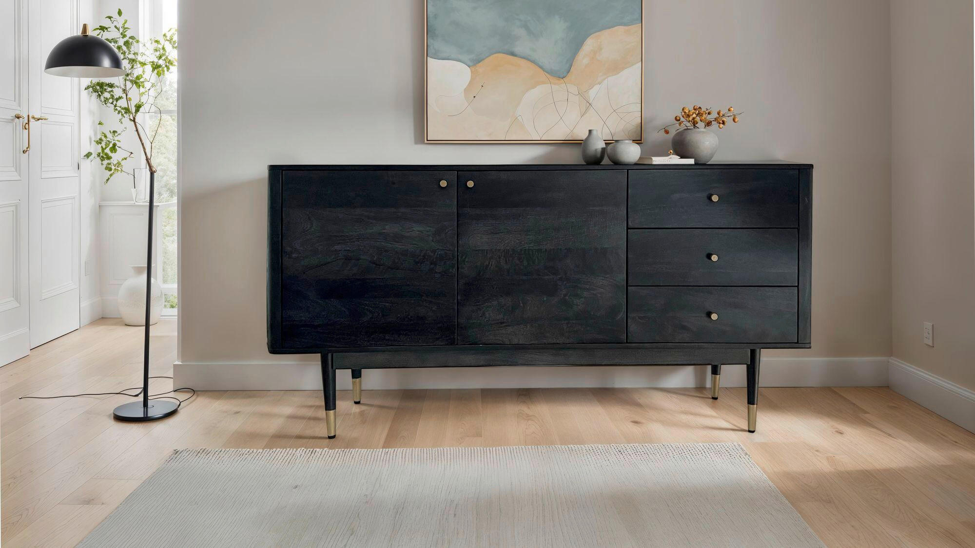 Thumbnail - Livetastic Sideboard, Schwarz, Metall, Akazie, massiv, 1 Fächer, 3 Schublade(n) Schubladen, 160x81x42 cm, stehend, handg...