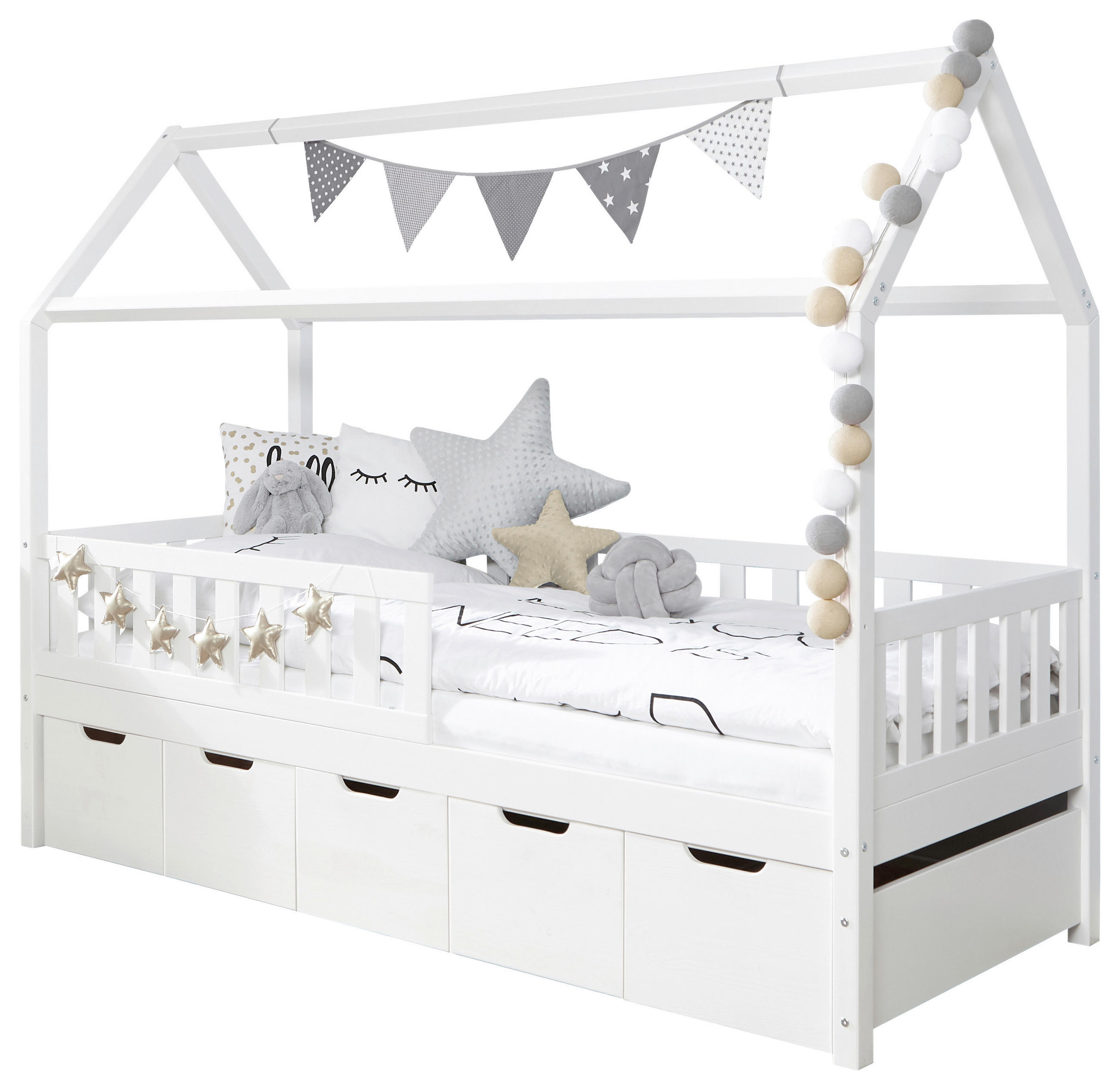 HAUSBETT 90/200 cm,  in Weiß, Absturzsicherung, Bettschublade  - Weiß, MODERN, Holz (90/200cm) - MID.YOU