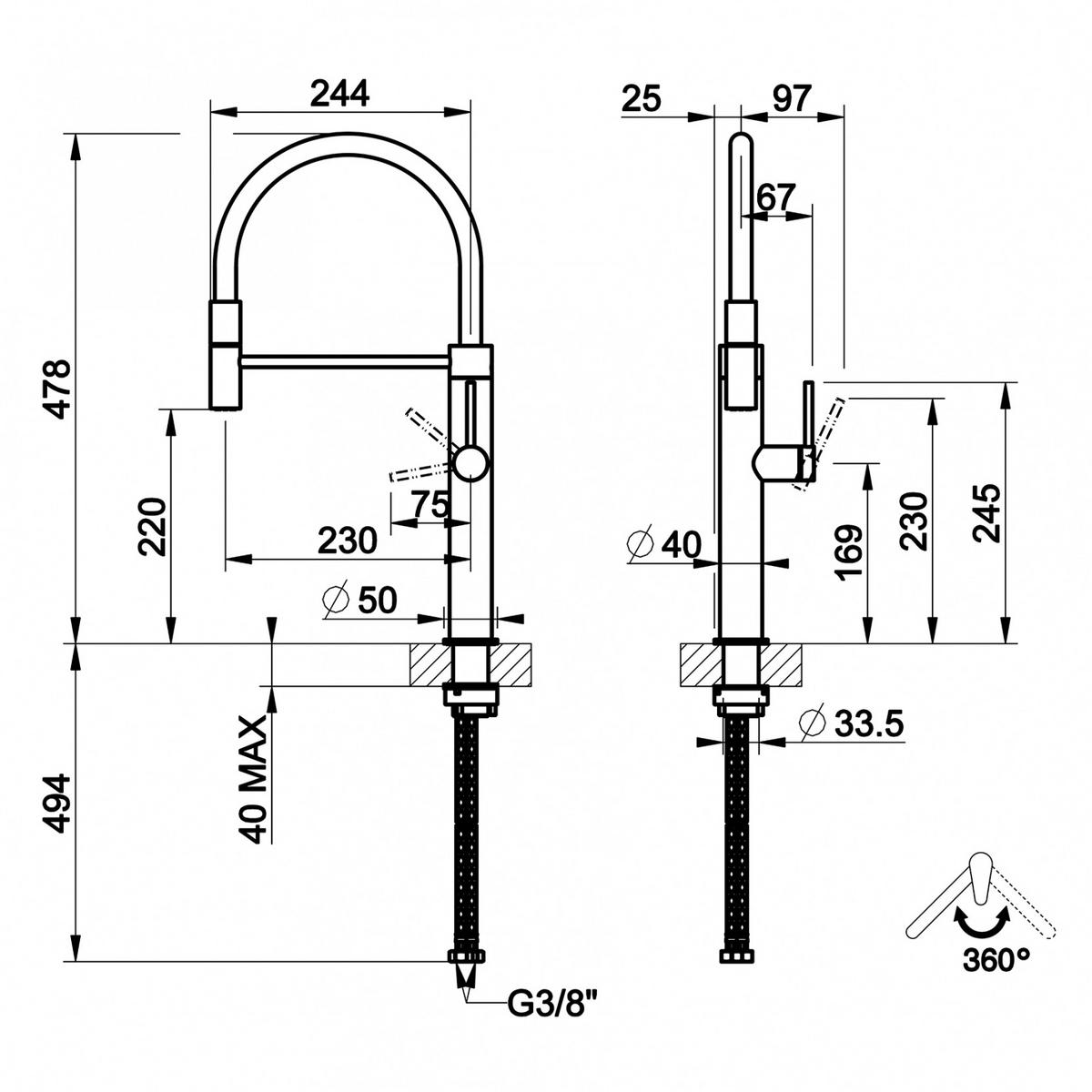 KÜCHENARMATUR - Schwarz, Basics, Metall (9,7/49/24,4cm) - HKT