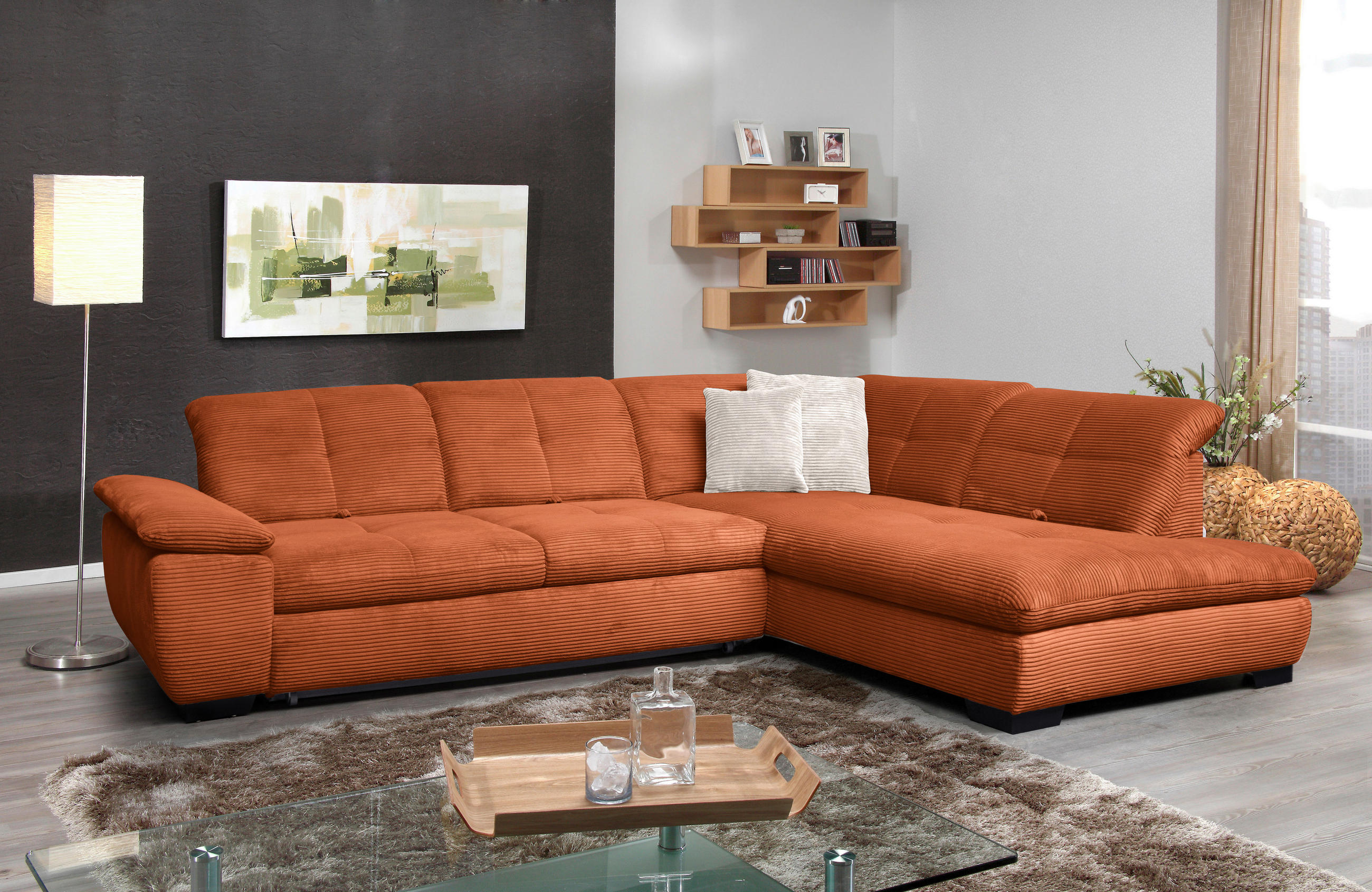 ECKSOFA in Cord Rostfarben  - Rostfarben/Schwarz, Design, Textil/Metall (313/242cm) - Xora