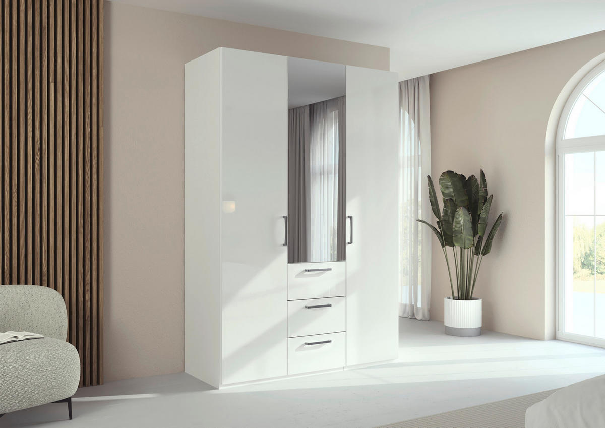 DREHTÜRENSCHRANK 151/223/61 cm,  in Weiß, Weiß Hochglanz, 3-türig  - Edelstahlfarben/Weiß Hochglanz, Basics, Glas/Holzwerkstoff (151/223/61cm) - Novel