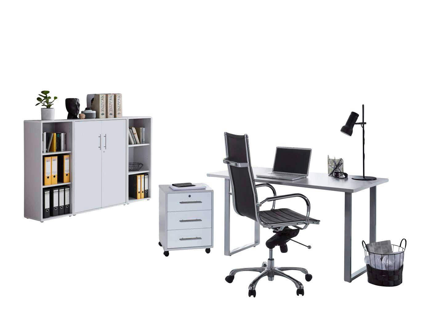 BÜRO erweiterbar, abschließbar Grau, Weiß - Weiß/Grau, MODERN, Holzwerkstoff/Metall - MID.YOU