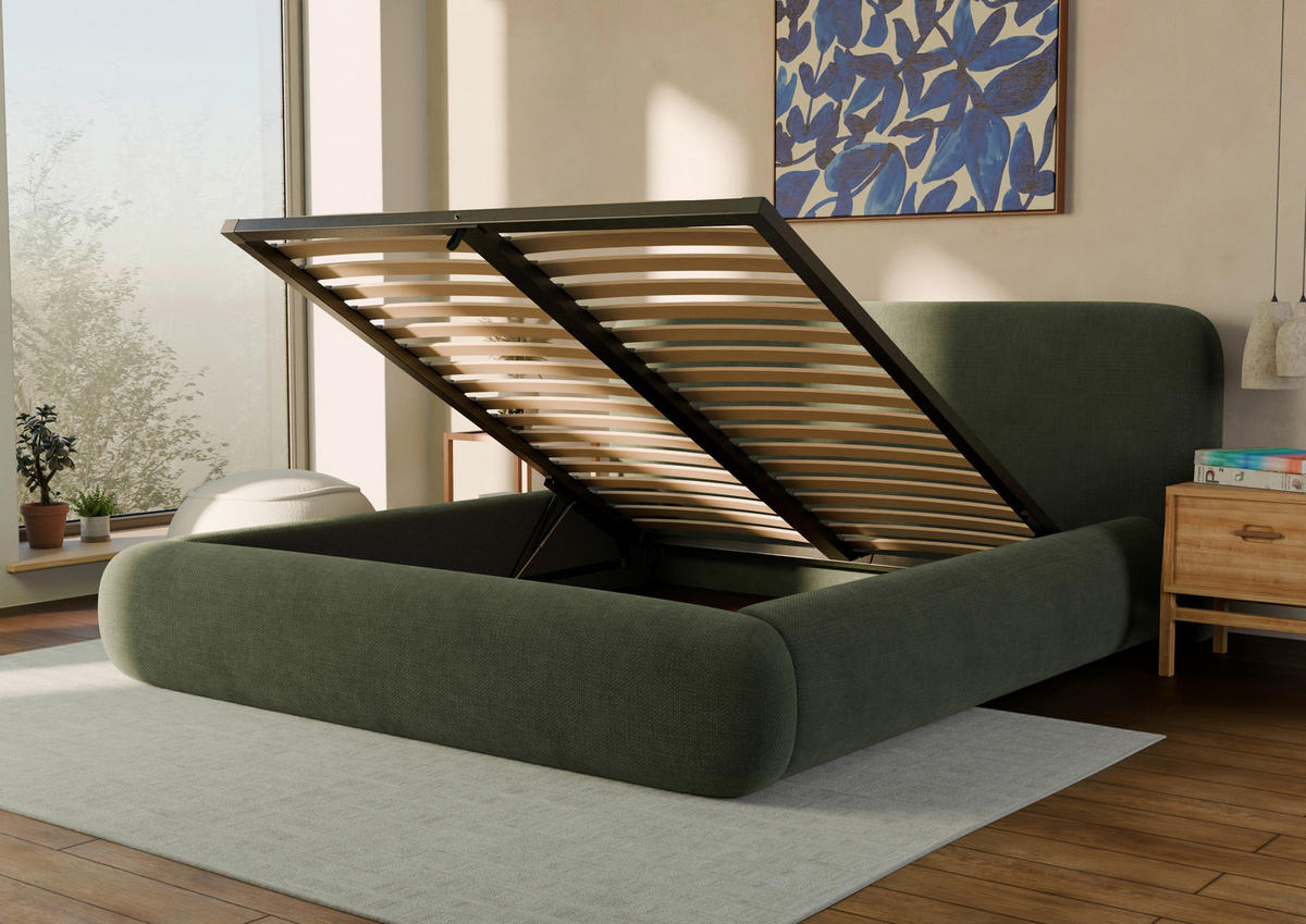 POLSTERBETT 180/200 cm,  in Waldgrün, gepolstertes Kopfteil, Lattenrost, Bettkasten,  - Waldgrün/Schwarz, Design, Holz/Textil (180/200cm) - Chameo