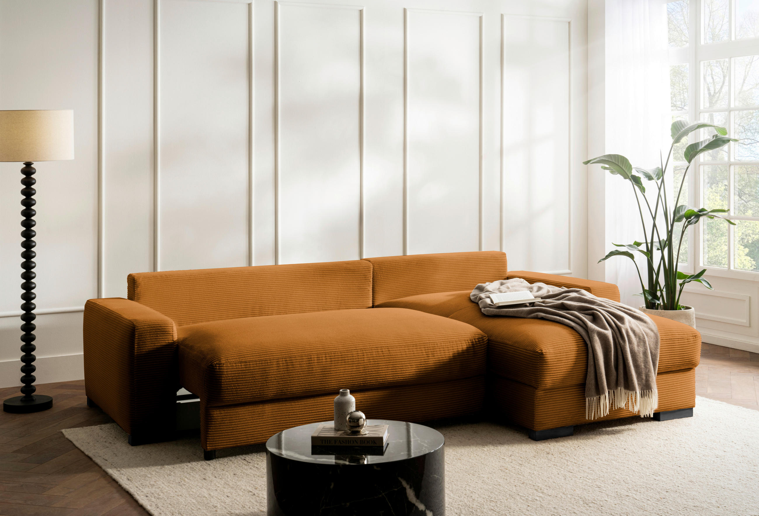 ECKSOFA in Cord Currygelb  - Currygelb/Schwarz, Design, Holz/Textil (264/184cm) - Stylife