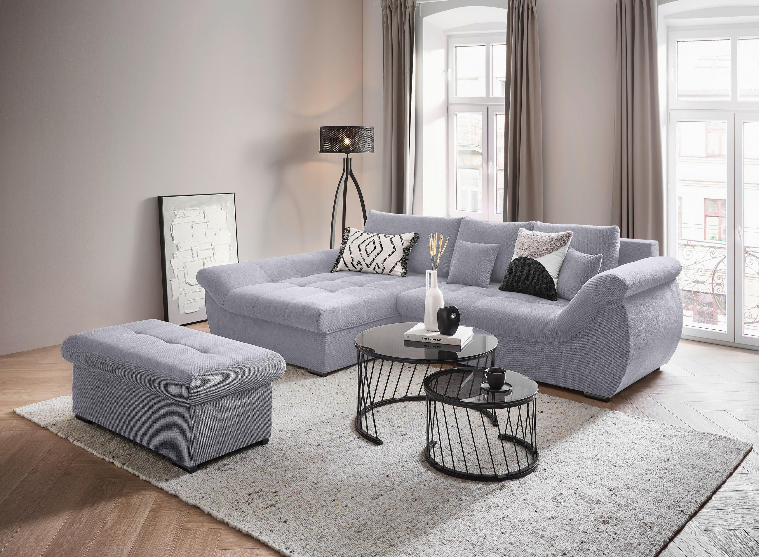 ECKSOFA Hellgrau Flachgewebe  - Hellgrau/Schwarz, Design, Kunststoff/Textil (175/278cm) - Xora