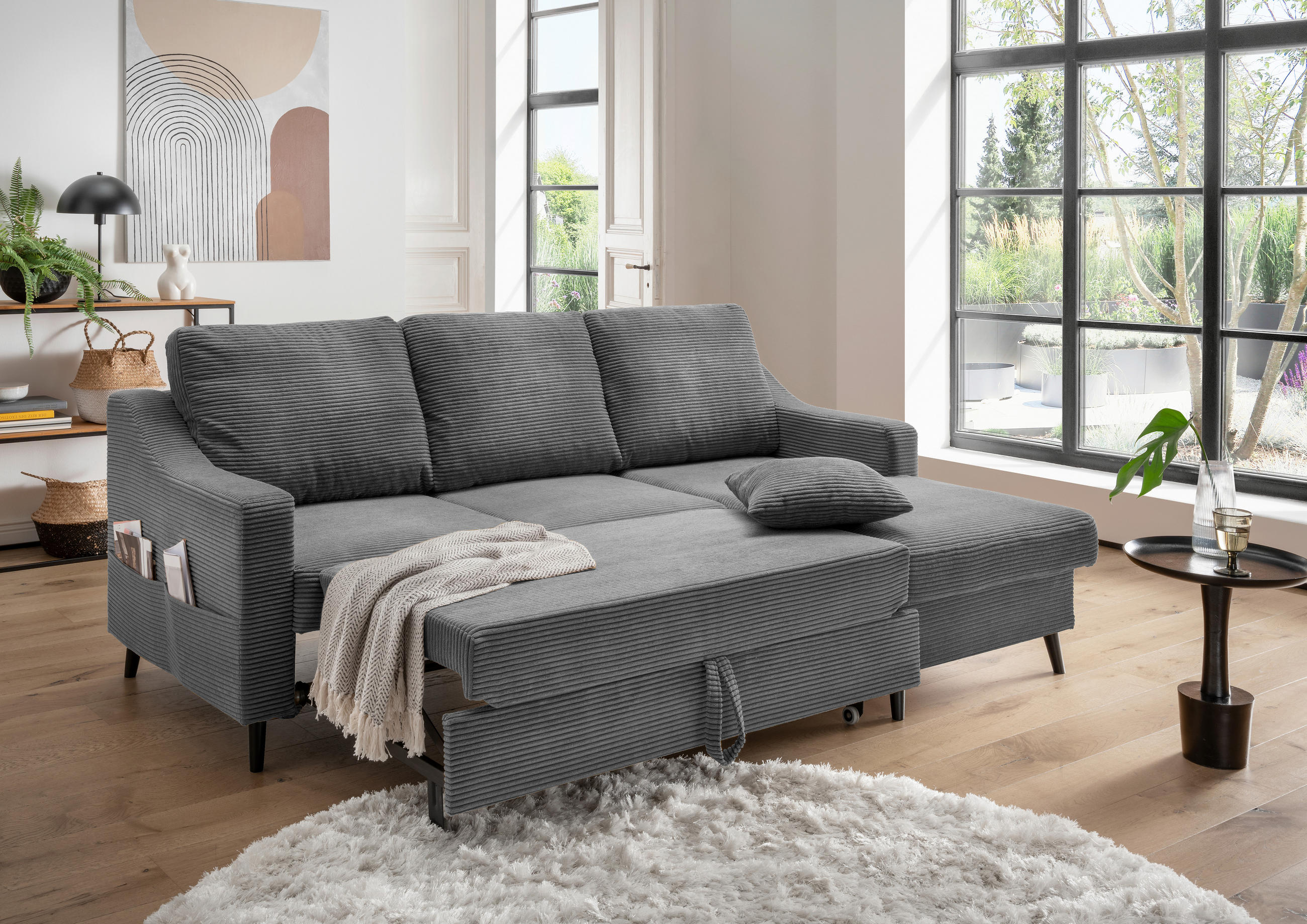 ECKSOFA Grau Cord  - Schwarz/Grau, Design, Holz/Textil (228/150cm) - P & B