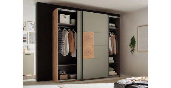 SCHWEBETÜRENSCHRANK  in Salbeigrün, Eiche Artisan  - Salbeigrün/Schwarz, KONVENTIONELL, Holzwerkstoff/Metall (240/225,5/63,7cm) - Xora