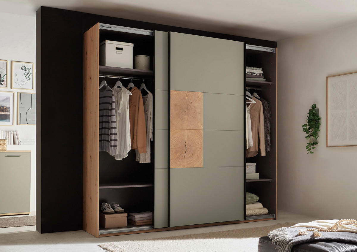 SCHWEBETÜRENSCHRANK  in Salbeigrün, Eiche Artisan  - Salbeigrün/Schwarz, KONVENTIONELL, Holzwerkstoff/Metall (240/225,5/63,7cm) - Xora