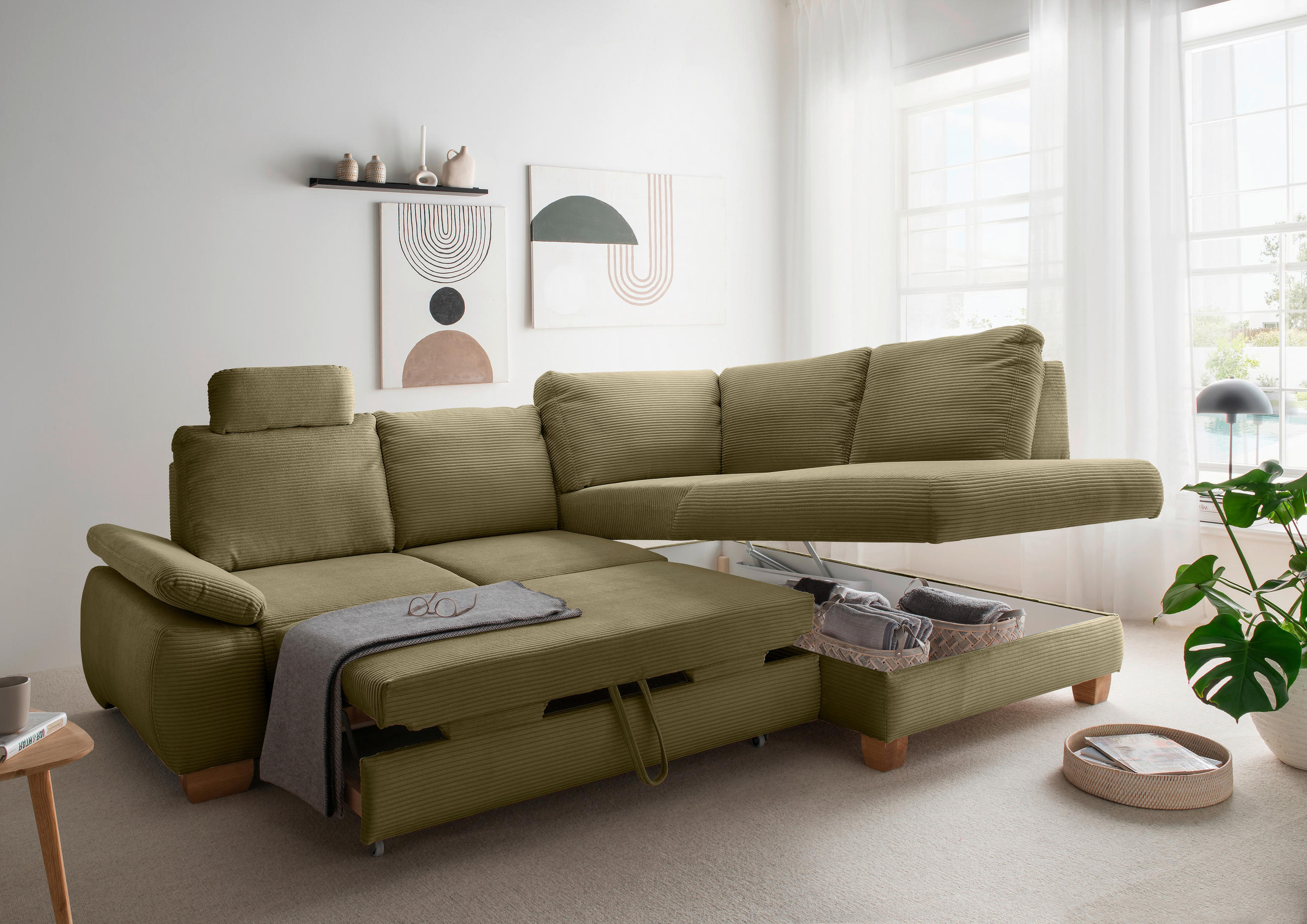 ECKSCHLAFSOFA in Cord Olivgrün  - Wildeiche/Olivgrün, Modern, Holz/Textil (261/206cm) - Livetastic