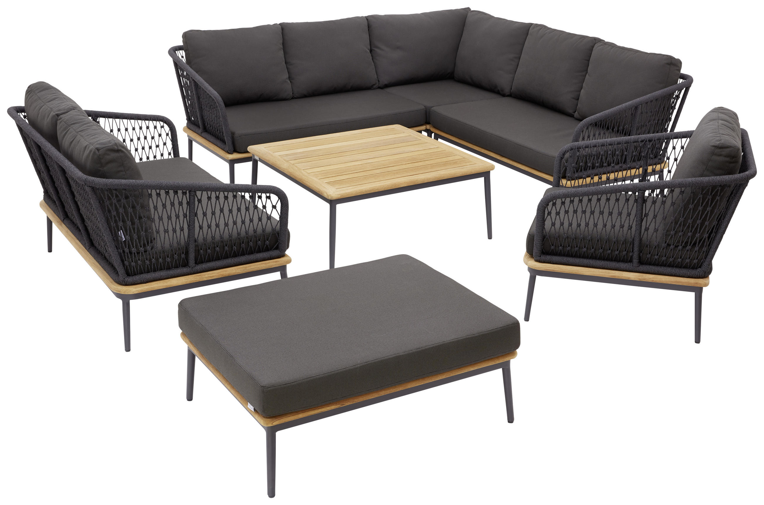 Thumbnail - Loungehocker, Anthrazit, Teak, Holz, Metall, Textil, Teakholz, massiv, rechteckig, 90x38x72 cm, Loungemöbel, Lounge-Hock...