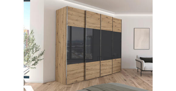 SCHWEBETÜRENSCHRANK  in Schwarz, Eiche Artisan  - Chromfarben/Schwarz, KONVENTIONELL, Glas/Holzwerkstoff (271/235/68cm) - Novel