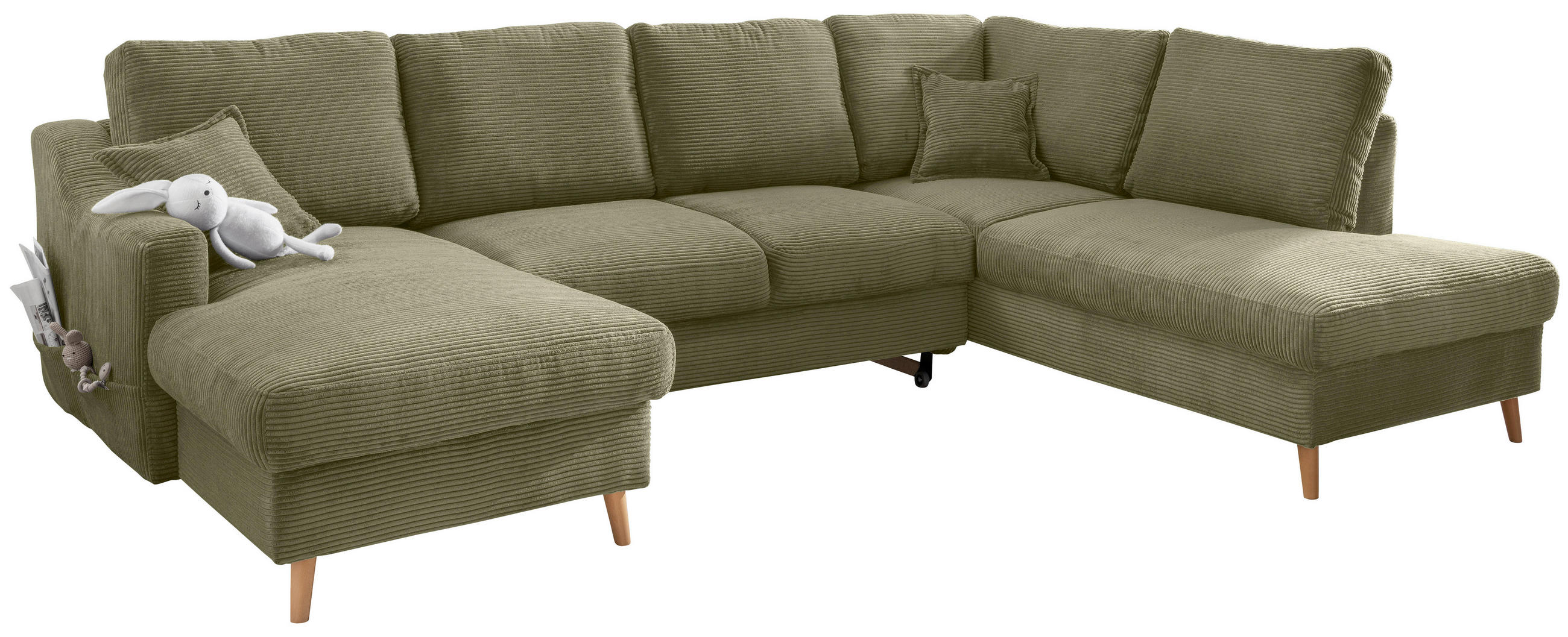 WOHNLANDSCHAFT in Cord Olivgrün  - Naturfarben/Olivgrün, KONVENTIONELL, Holz/Textil (150/301/200cm) - P & B