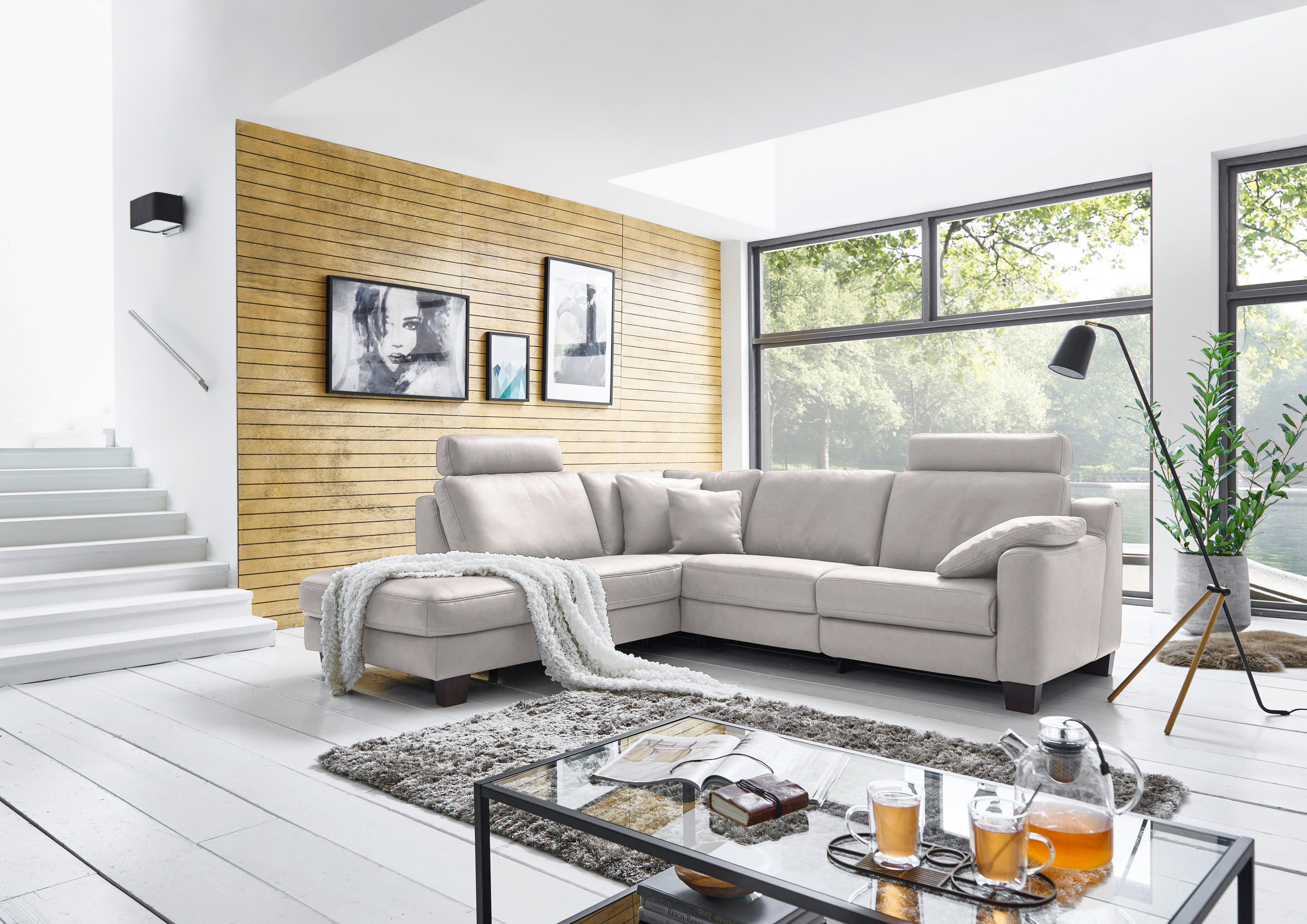 ECKSOFA in Echtleder Grau  - Eichefarben/Grau, Design, Leder/Holz (235/259cm) - Valdera