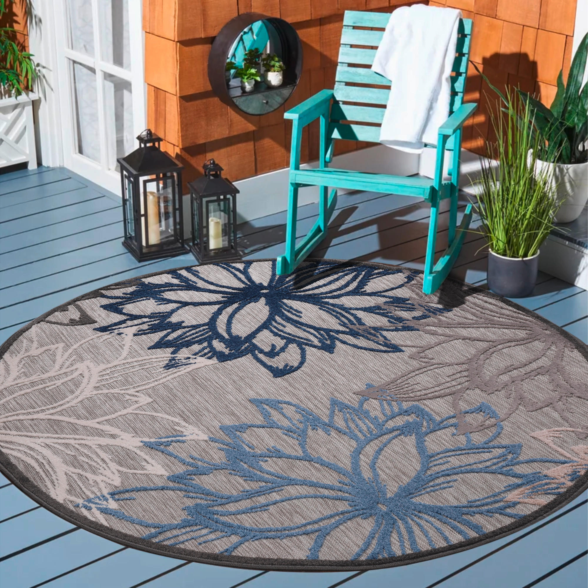 PREPROGA ZA ZUNANJO UPORABO Floral 200 cm tkano modra, siva, bela - modra/siva, Trendi, umetna masa/tekstil (200cm)