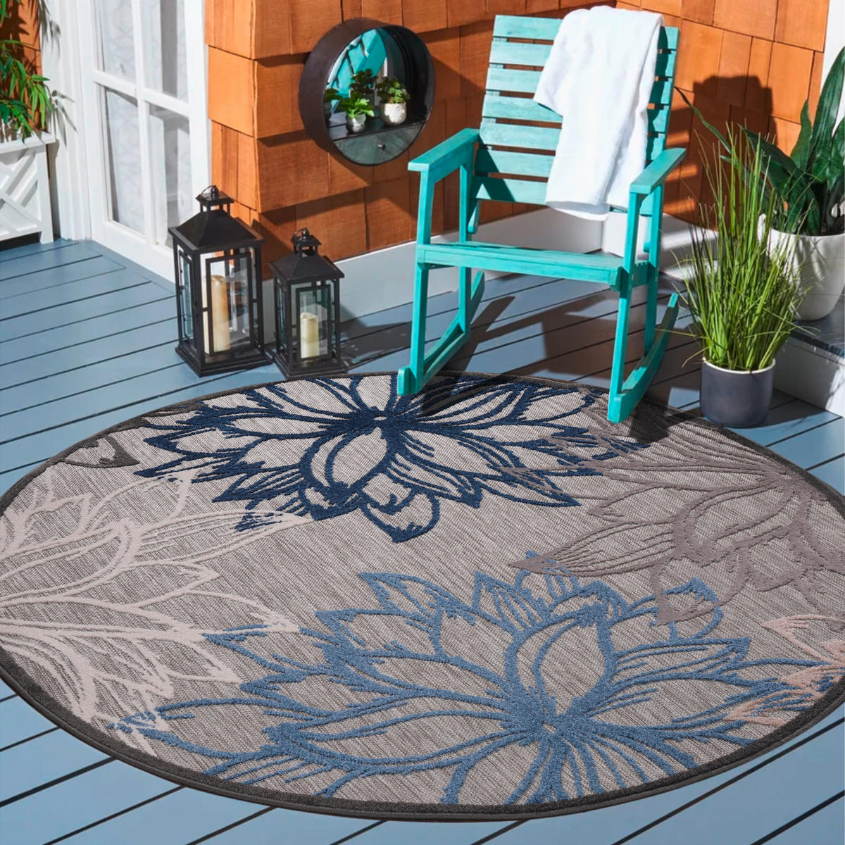 TEPIH ZA UNUTAR./VANJ. UPORAB  150 cm  plava, siva, bijela  Floral  - bijela/siva, Lifestyle, tekstil/plastika (150cm)