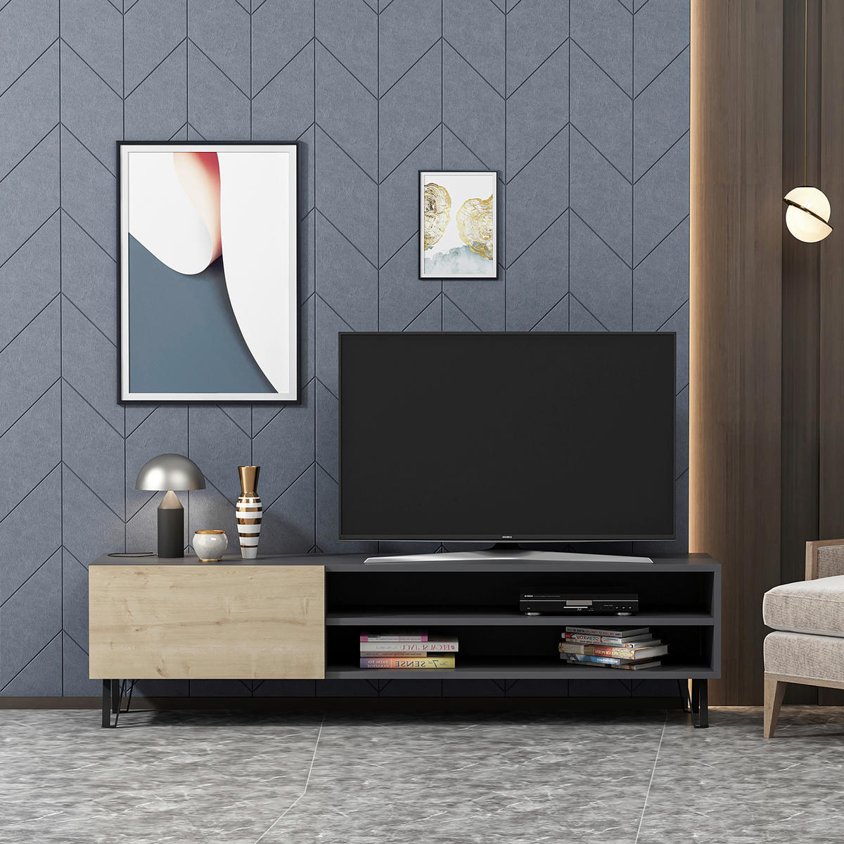 TV-BÄNK 160/47/37,4 cm  - svart/antracit, Design, metall/trämaterial (160/47/37,4cm) - Livetastic