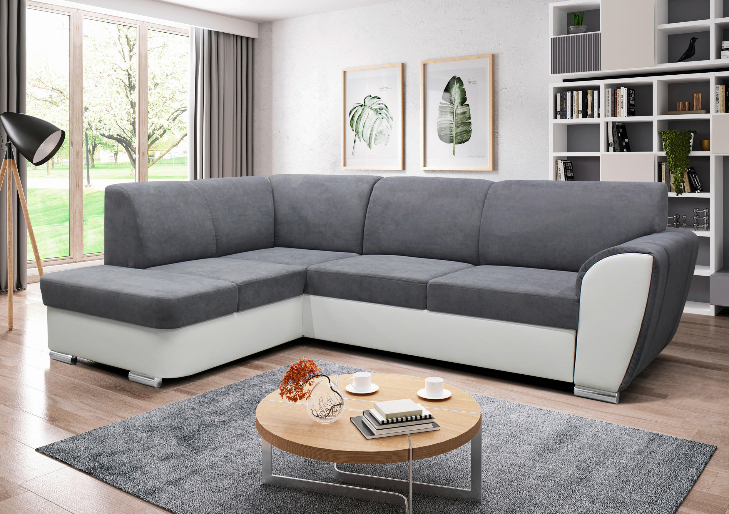 ECKSOFA Grau, Weiß Velours  - Silberfarben/Weiß, Design, Kunststoff/Textil (196/255cm) - MID.YOU