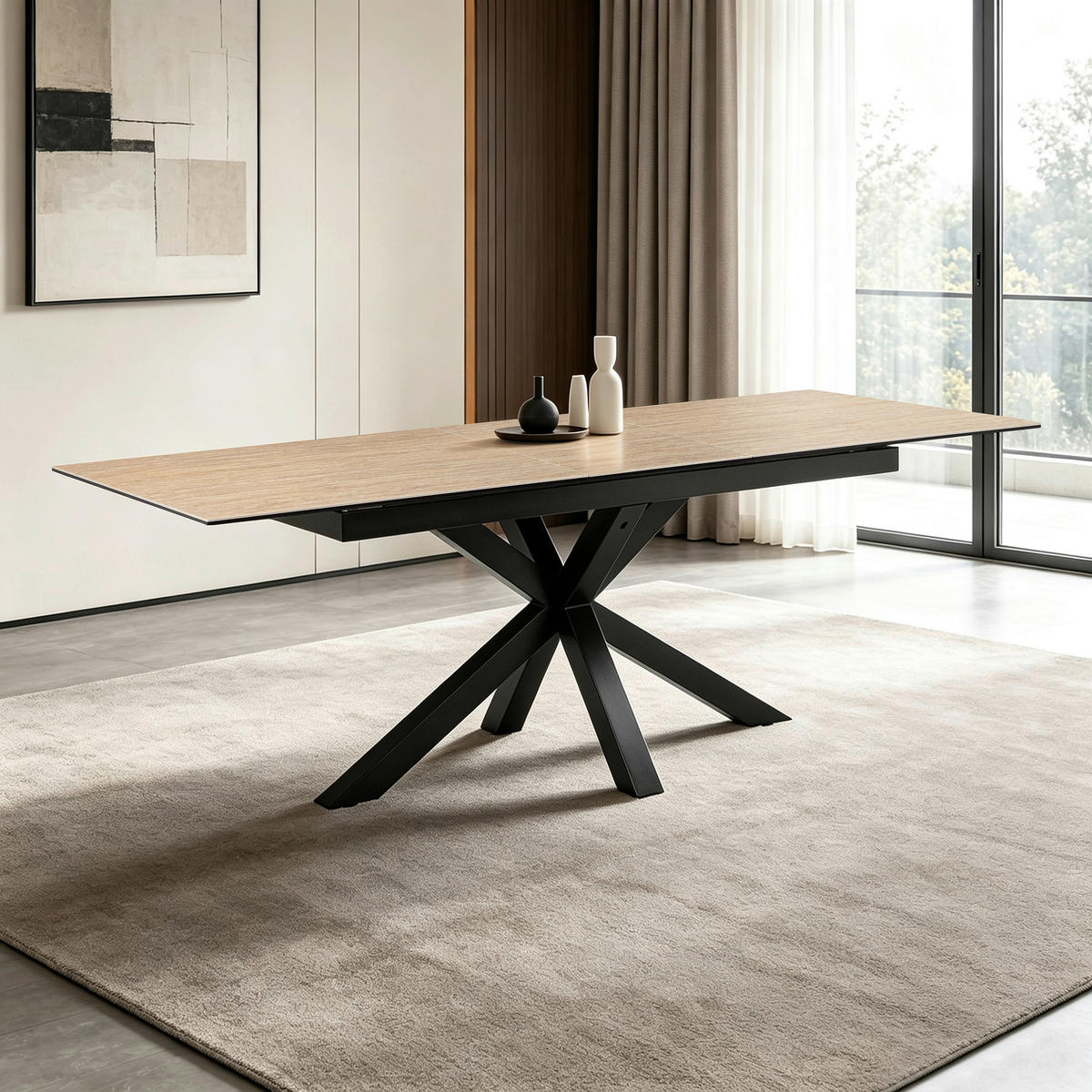 ESSTISCH 168-210/90/76 cm  Metall, Glas, Keramik ausziehbar rechteckig Schwarz, Beige  - Beige/Schwarz, MODERN, Glas/Keramik (168-210/90/76cm) - MID.YOU