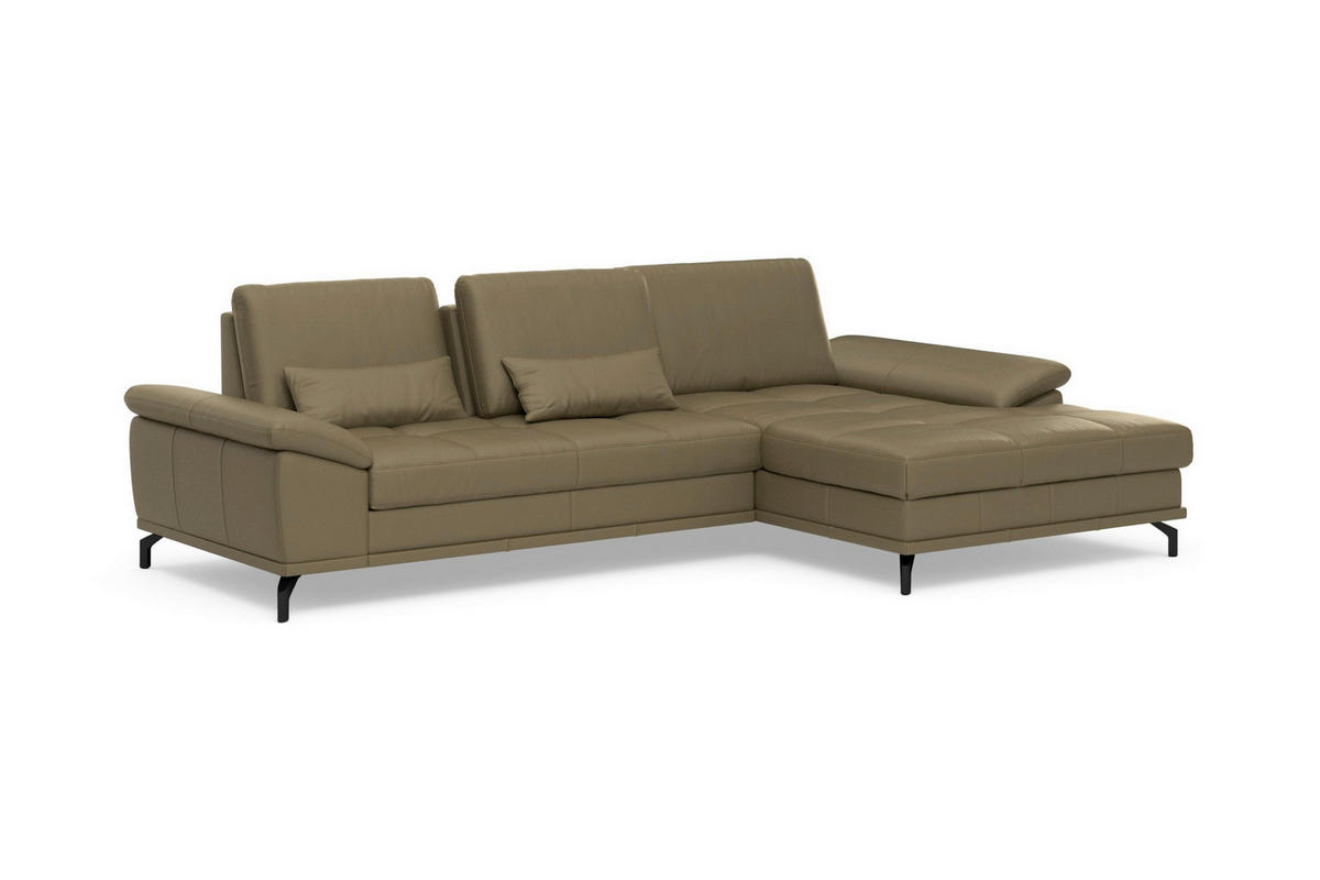 ECKSOFA COSTELLO E Olivgrün Echtleder Nierenkissen, Armteilverstellung, Sitztiefenverstellung  - Schwarz/Olivgrün, Basics, Leder/Textil (301/176cm) - Sit & More