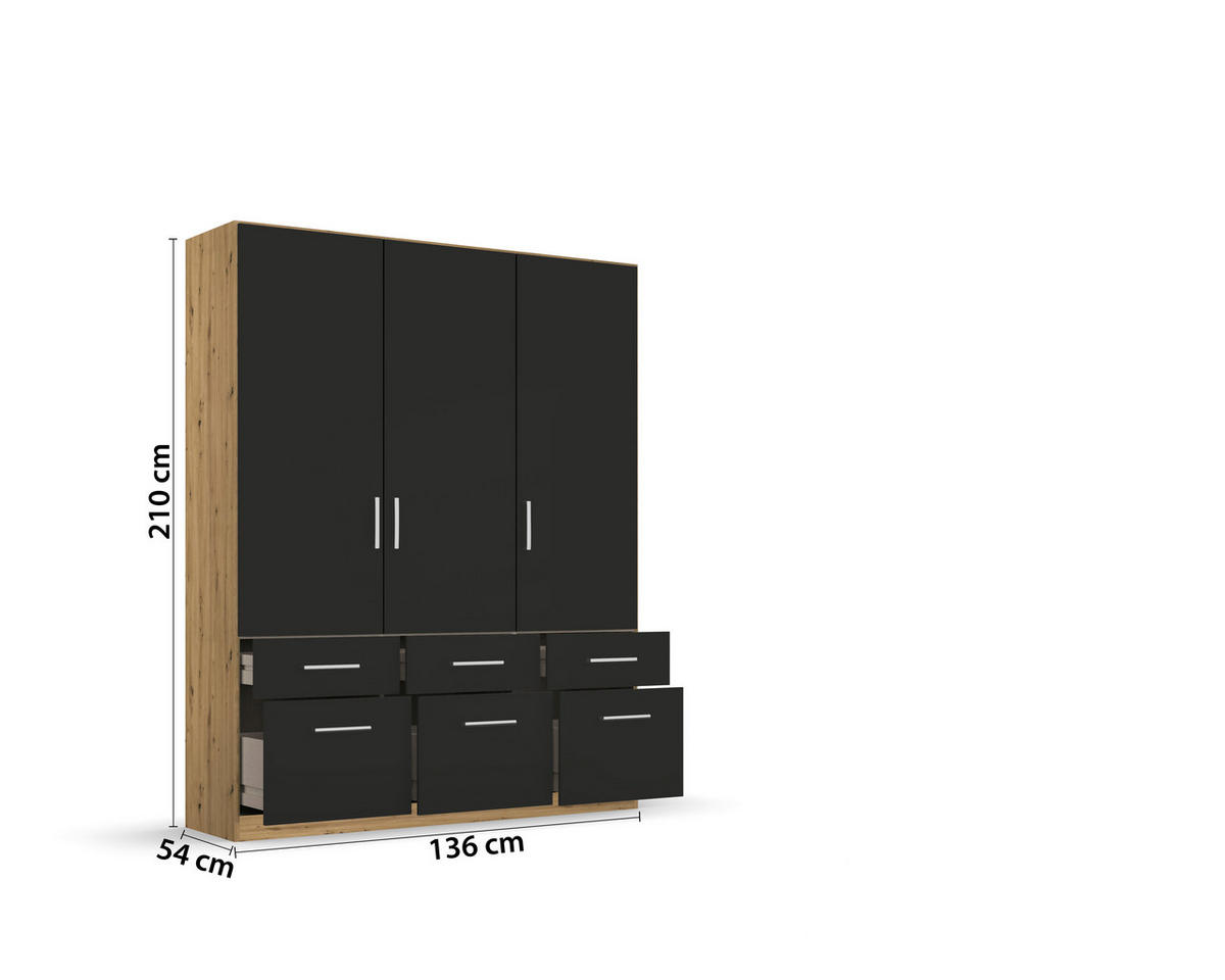 DREHTÜRENSCHRANK 136/210/54 cm 3-türig Eiche Artisan, Grau  - Chromfarben/Eiche Artisan, MODERN, Holzwerkstoff/Kunststoff (136/210/54cm) - Rauch Möbel