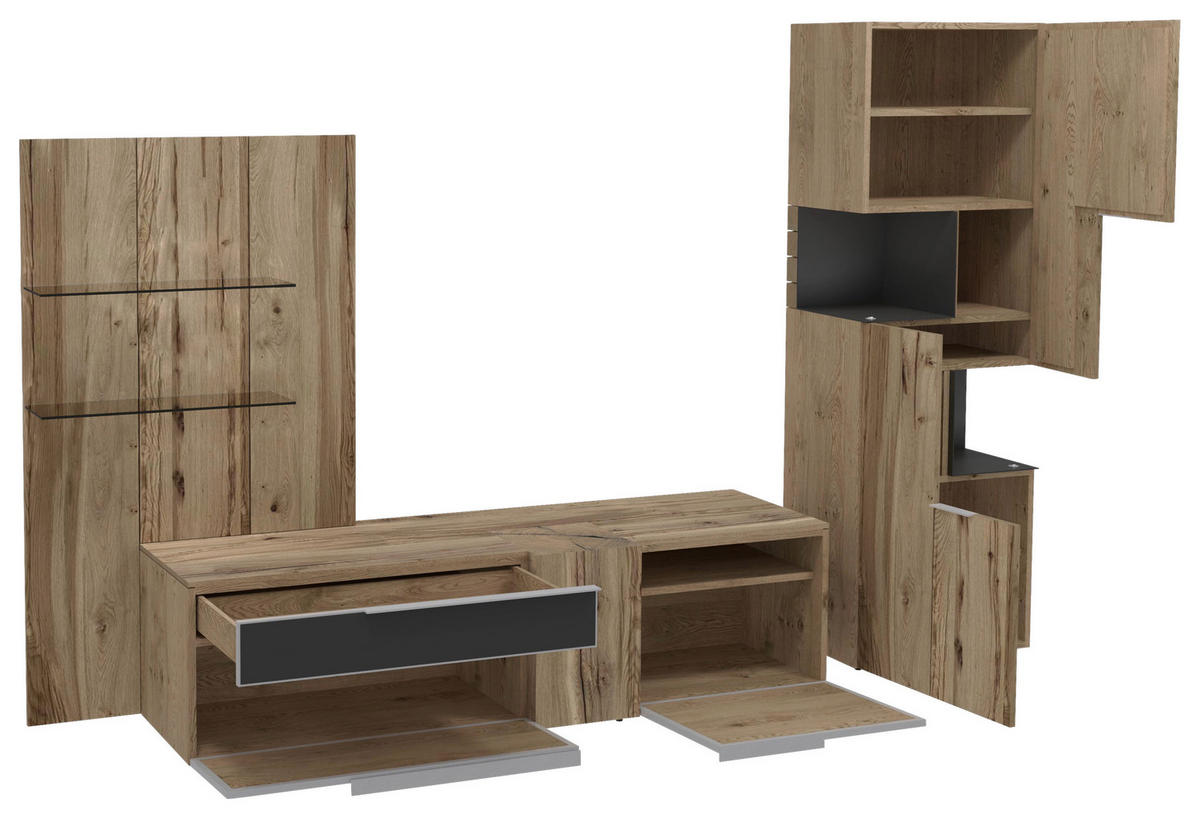 WOHNWAND  in Anthrazit, Eichefarben  306/194/58,3 cm  - Edelstahlfarben/Eichefarben, Design, Glas/Holz (306/194/58,3cm) - Voglauer