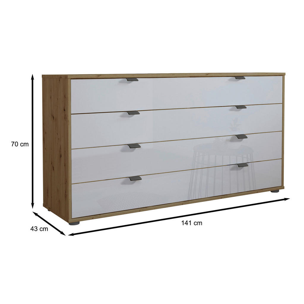 Thumbnail - Dieter Knoll Sideboard, Weiß, Eiche Bianco, Metall, 4 Schubladen, 141x70x43 cm, Made in Germany, Goldenes M, ISO 9001, T...