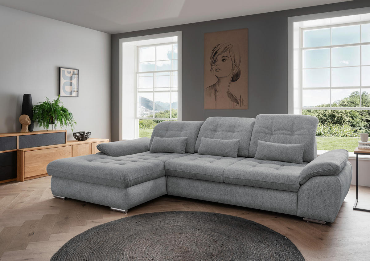 ECKSOFA in Chenille Silberfarben  - Chromfarben/Anthrazit, Modern, Textil/Metall (184/314cm) - Livetastic